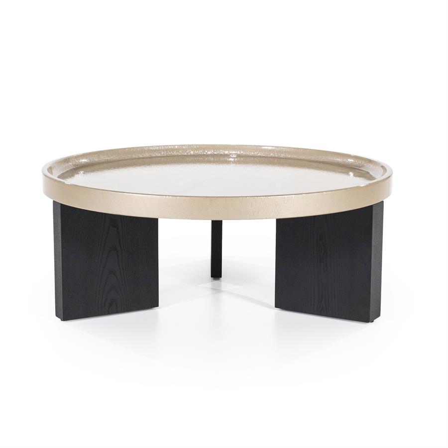 Couchtisch Mayson MDF mit runder Platte und drei dunklen Beinen auf weißem Hintergrund - Eleonora