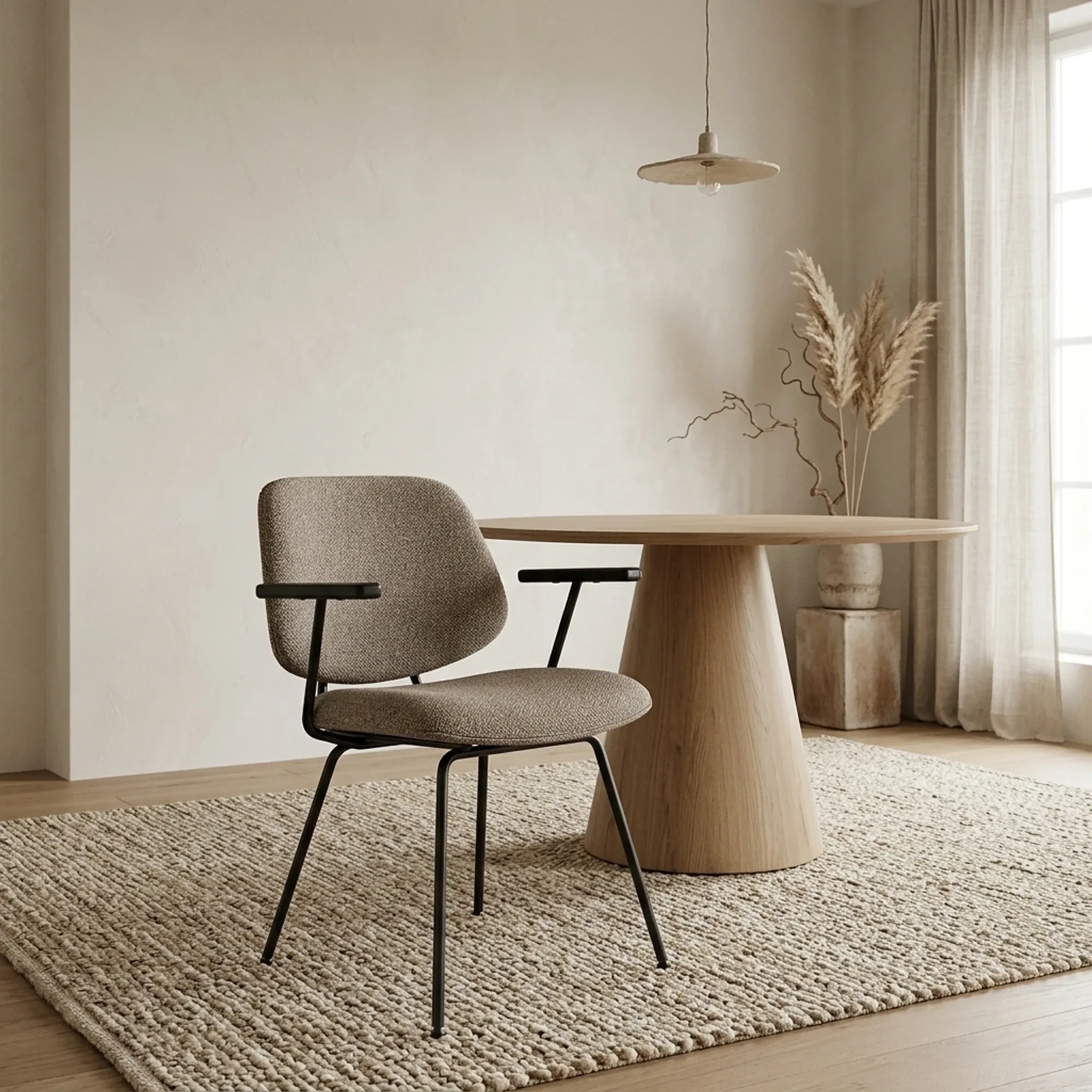 Stuhl Jon mit Armlehne Maywood in einem hellen Esszimmer mit Holztisch und Teppich - Eleonora