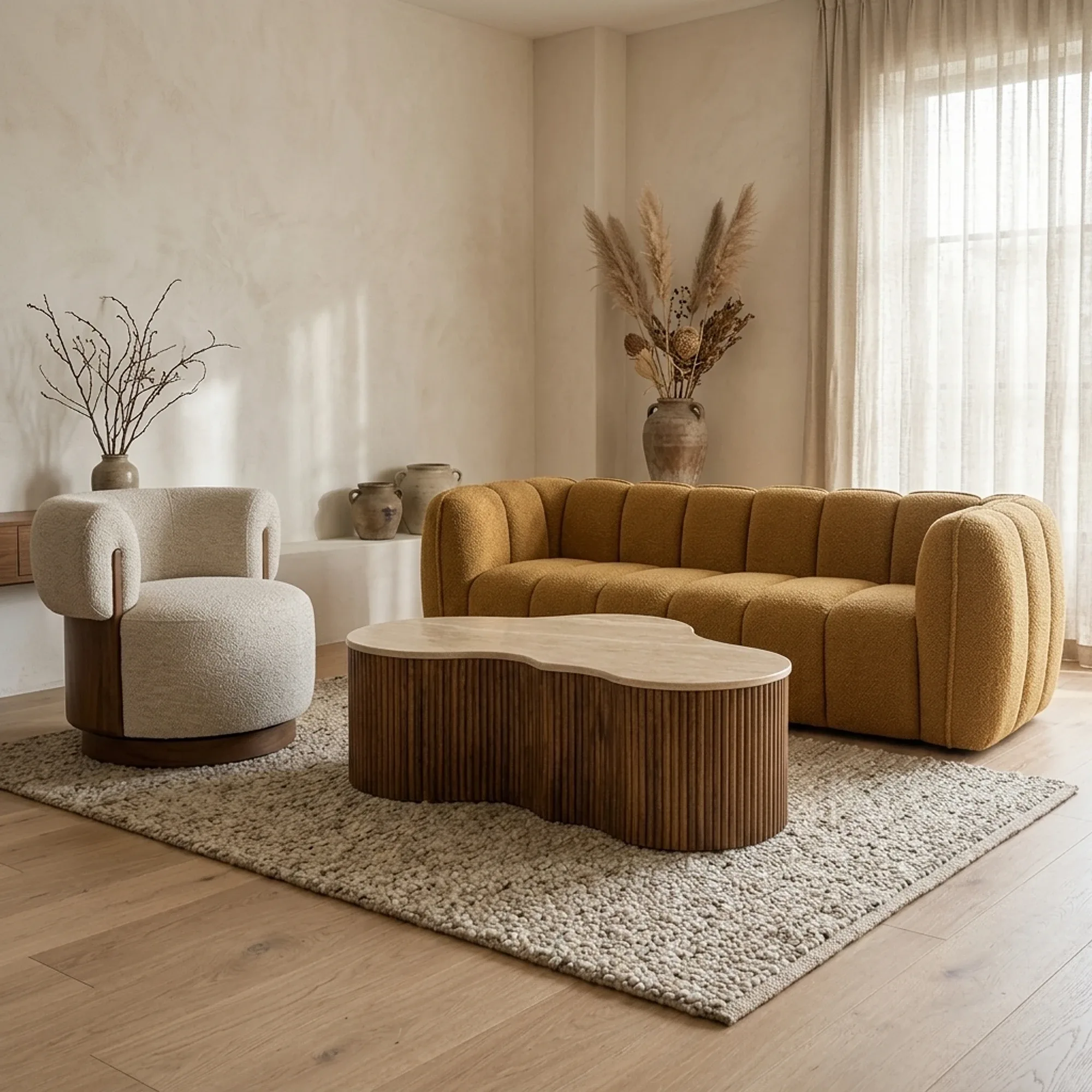 Couchtisch Mari Mangoholz in einem hellen Wohnzimmer mit einem senfgelben Sofa und einem cremefarbenen Sessel - Eleonora