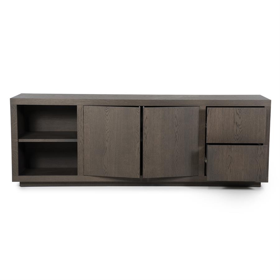 Sideboard Helsinki Eiche auf weißem Hintergrund, mit zwei offenen Fächern, zwei Türen und zwei Schubladen - Eleonora