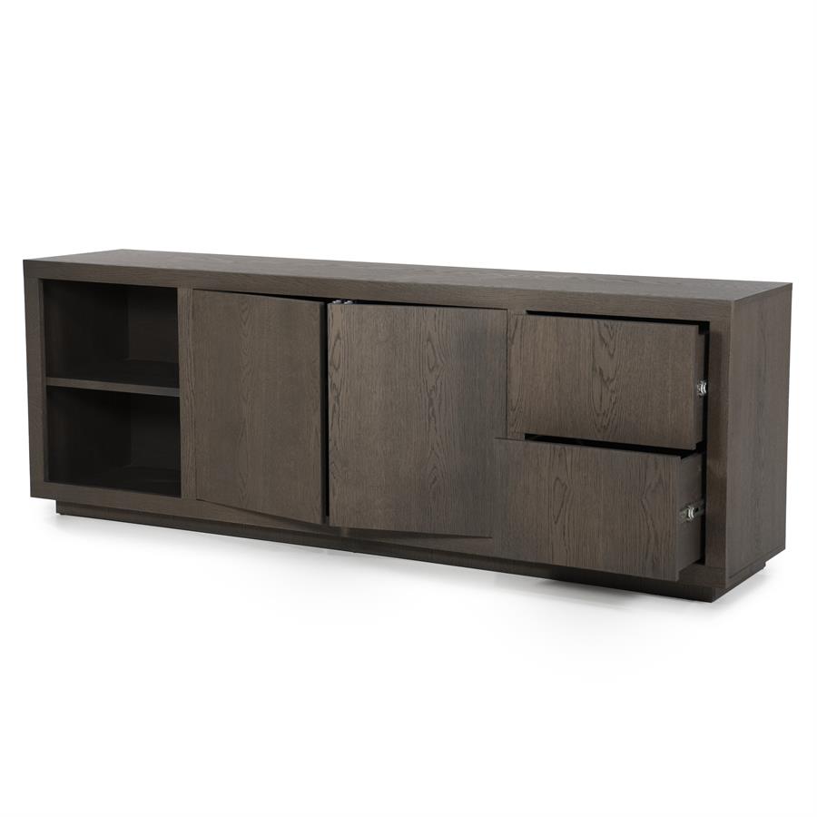 Sideboard Helsinki Eiche auf weißem Hintergrund, mit offenen Türen und Schubladen - Eleonora