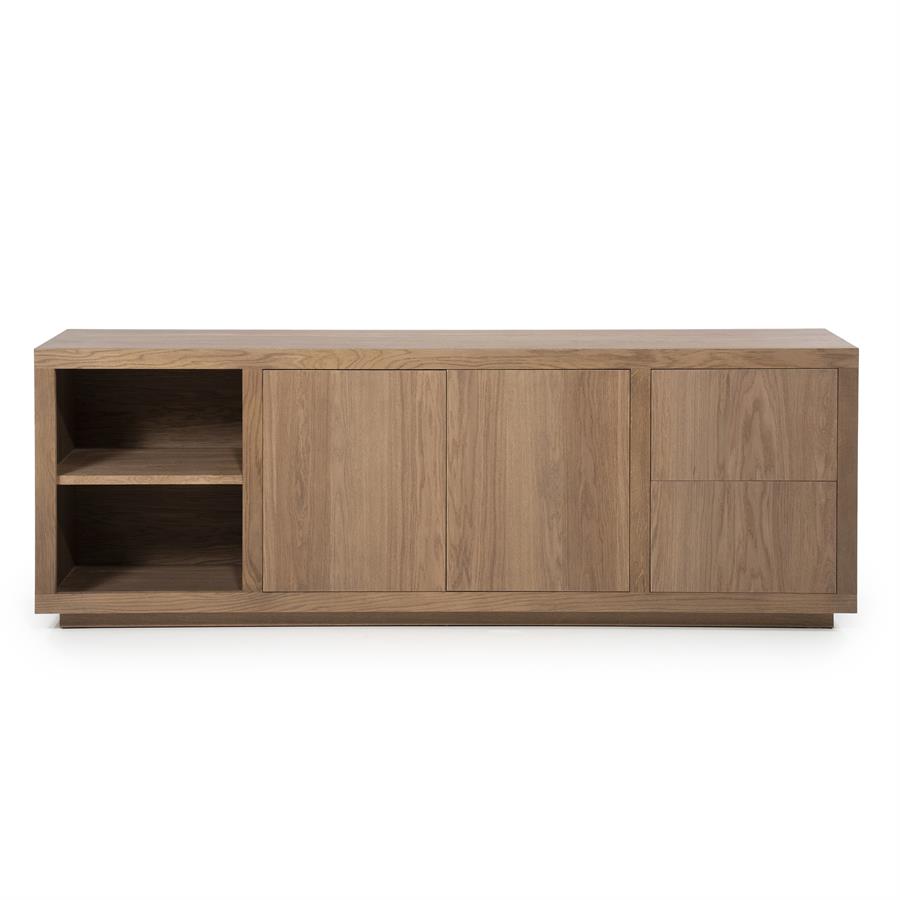 Sideboard Helsinki Eiche auf weißem Hintergrund, mit offenen Fächern, Türen und Schubladen - Eleonora