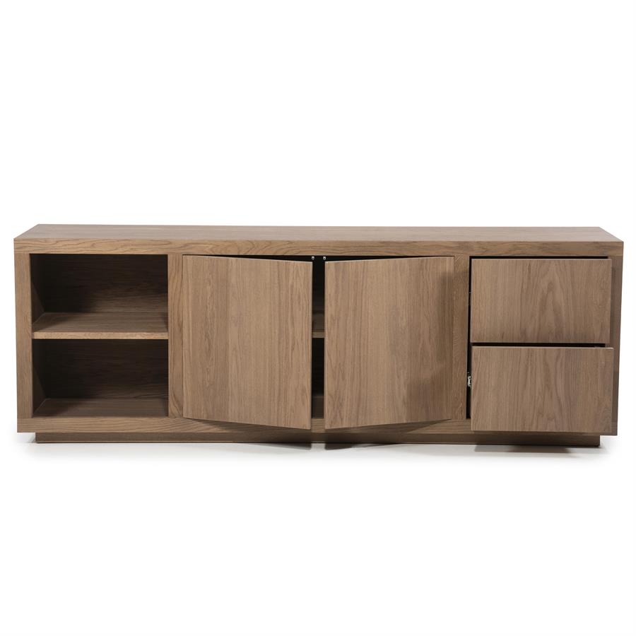 Sideboard Helsinki Eiche auf weißem Hintergrund, mit den beiden mittleren Türen offen und zwei offenen Fächern links - Eleonora