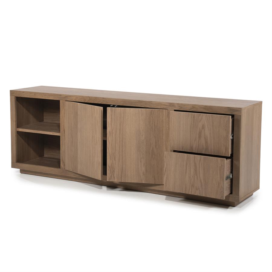 Sideboard Helsinki Eiche auf weißem Hintergrund, mit offenen Türen und Schubladen - Eleonora