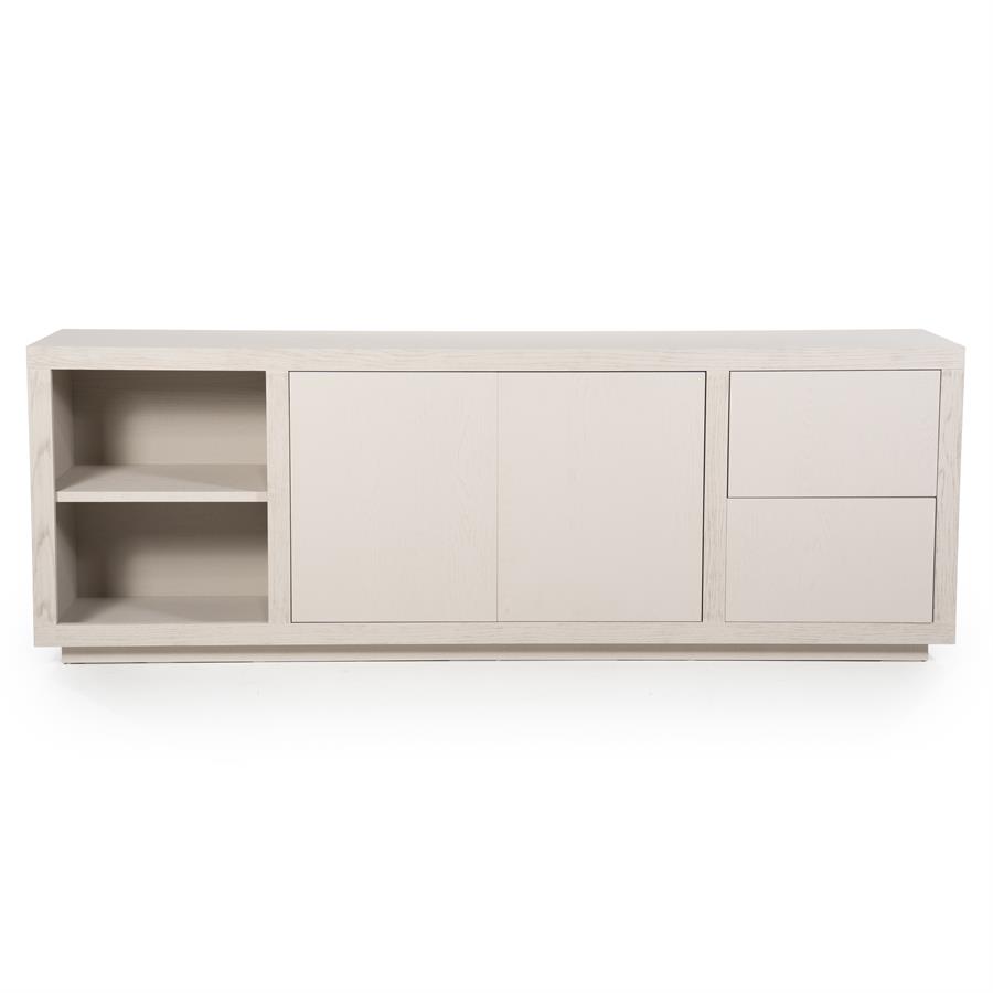 Sideboard Helsinki Eiche auf weißem Hintergrund, mit offenen Fächern, geschlossenen Türen und Schubladen - Eleonora