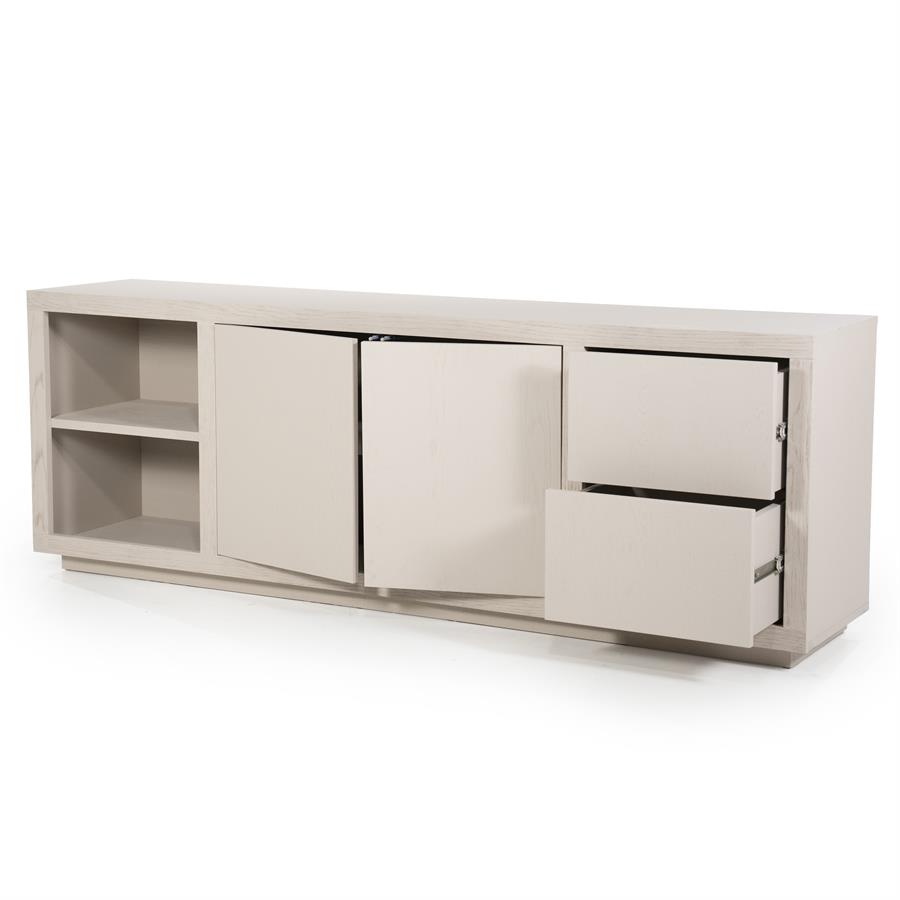 Sideboard Helsinki Eiche auf weißem Hintergrund, mit geöffneten Türen und Schubladen - Eleonora