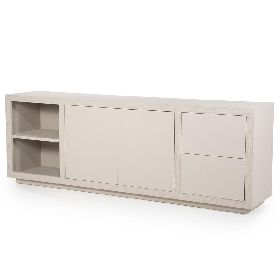 Sideboard Helsinki Eiche auf weißem Hintergrund, mit zwei offenen Fächern und zwei Schubladen - Eleonora