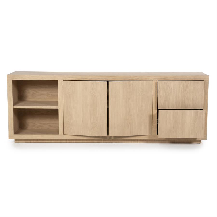 Sideboard Helsinki Eiche auf weißem Hintergrund, mit offenen Fächern, zwei Türen und zwei Schubladen - Eleonora