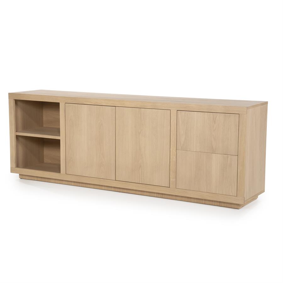 Sideboard Helsinki Eiche auf weißem Hintergrund, mit offenen Fächern, zwei Türen und zwei Schubladen - Eleonora