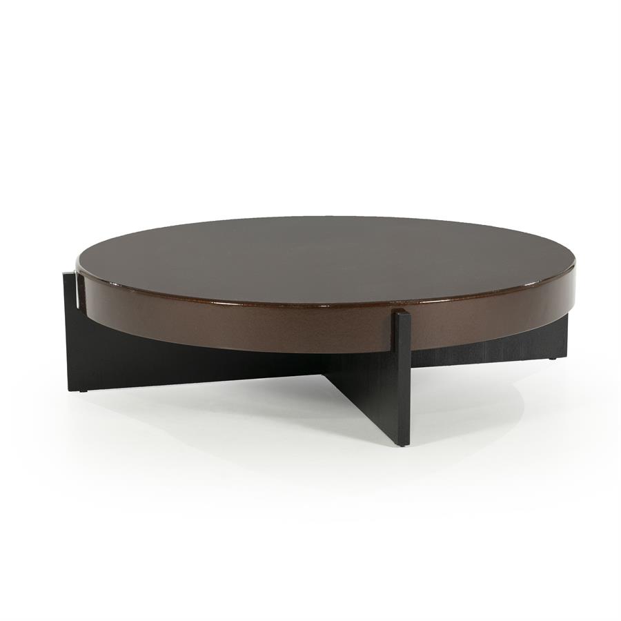 Couchtisch Juliet MDF mit runder dunkelbrauner Platte auf einem schwarzen Gestell, fotografiert vor weißem Hintergrund - Eleonora