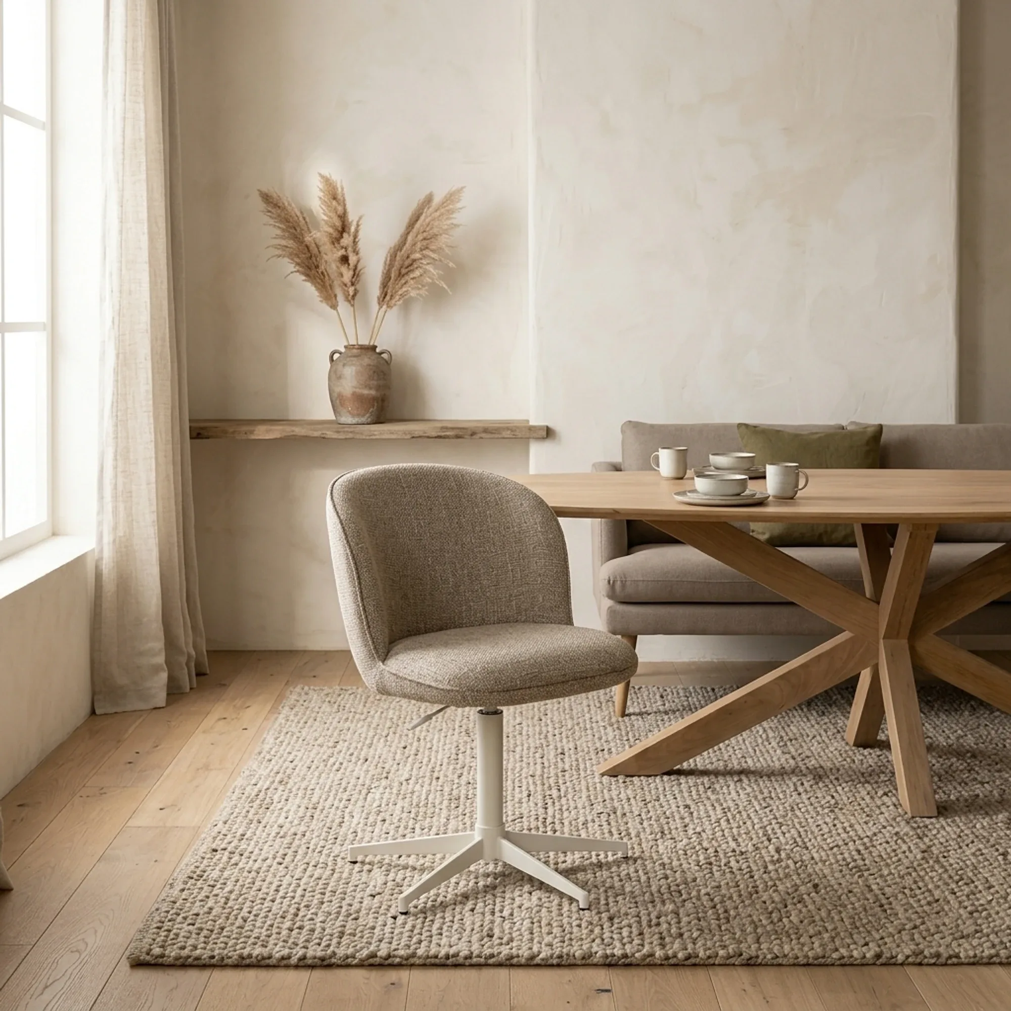 Stuhl Molly Donna in einem hellen, stimmungsvollen Esszimmer mit Holztisch und Bank, auf einem Teppich stehend - Eleonora