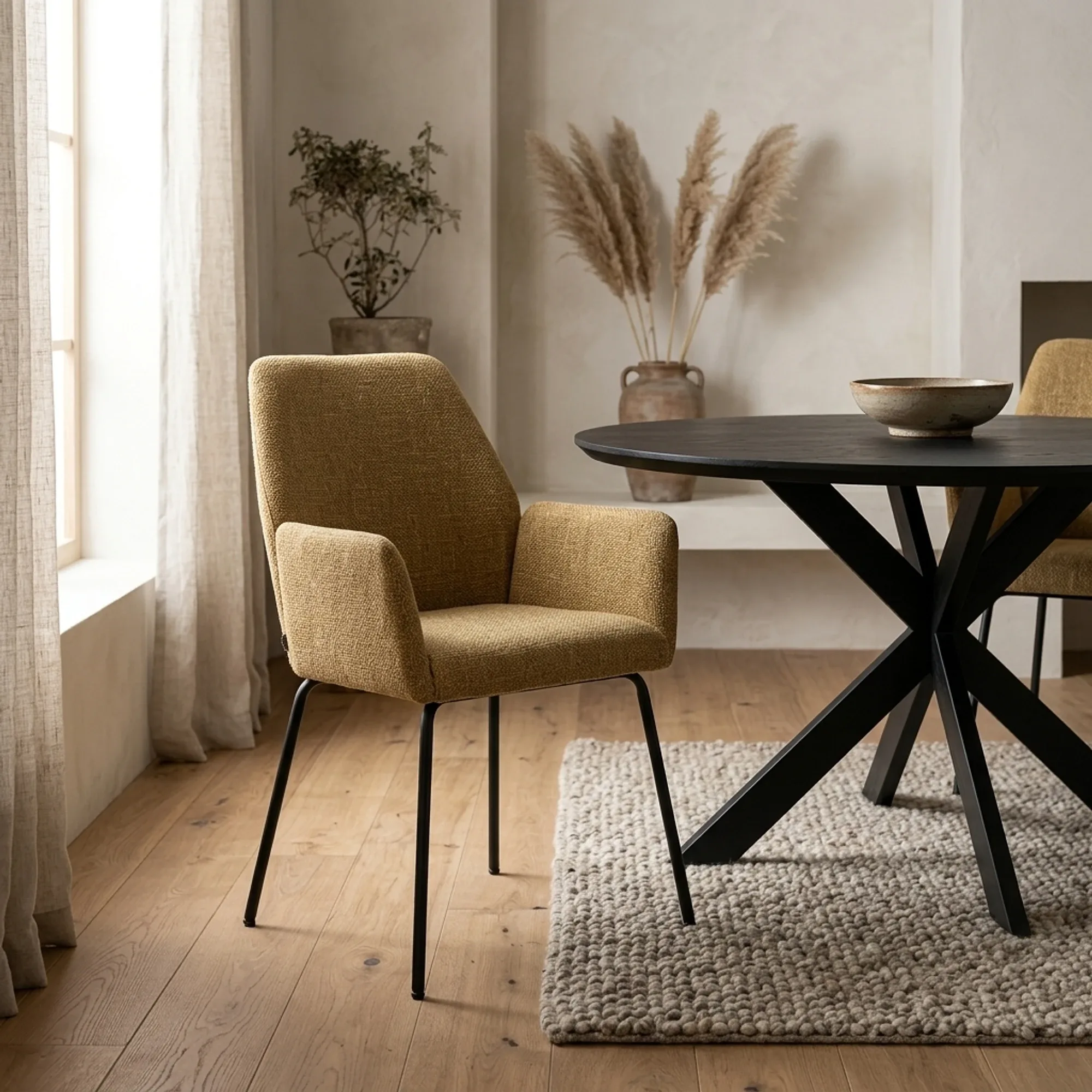 Stuhl Indy Donna in einem stimmungsvollen Esszimmer mit einem schwarzen runden Tisch und Teppich - Eleonora