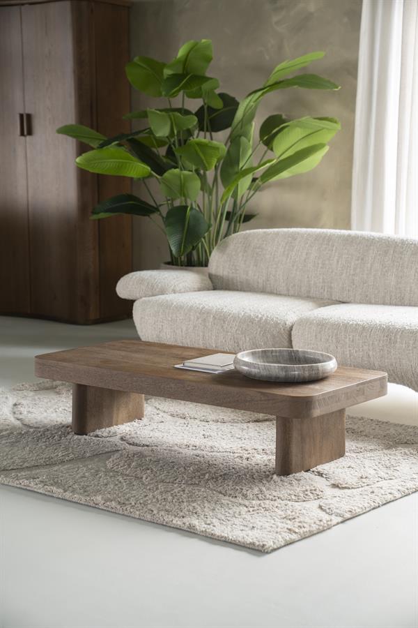 Couchtisch Edward Mangoholz in einem hellen Wohnzimmer mit Sofa, Teppich und Pflanze - Eleonora