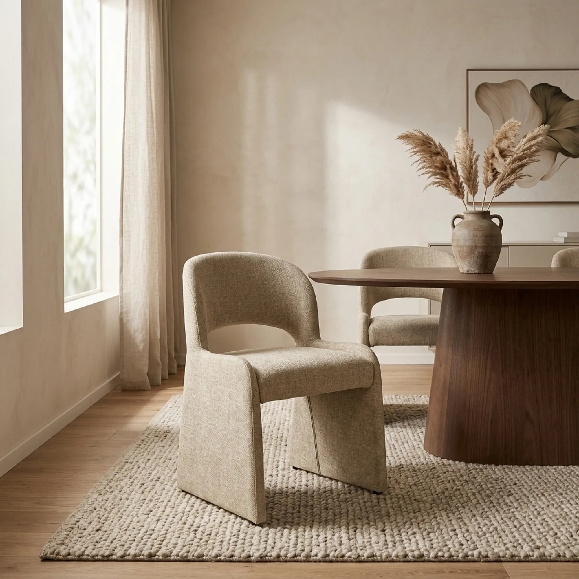 Stuhl Odette Serene in einem hellen Wohnzimmer mit Holzboden und einem runden Holztisch - Eleonora