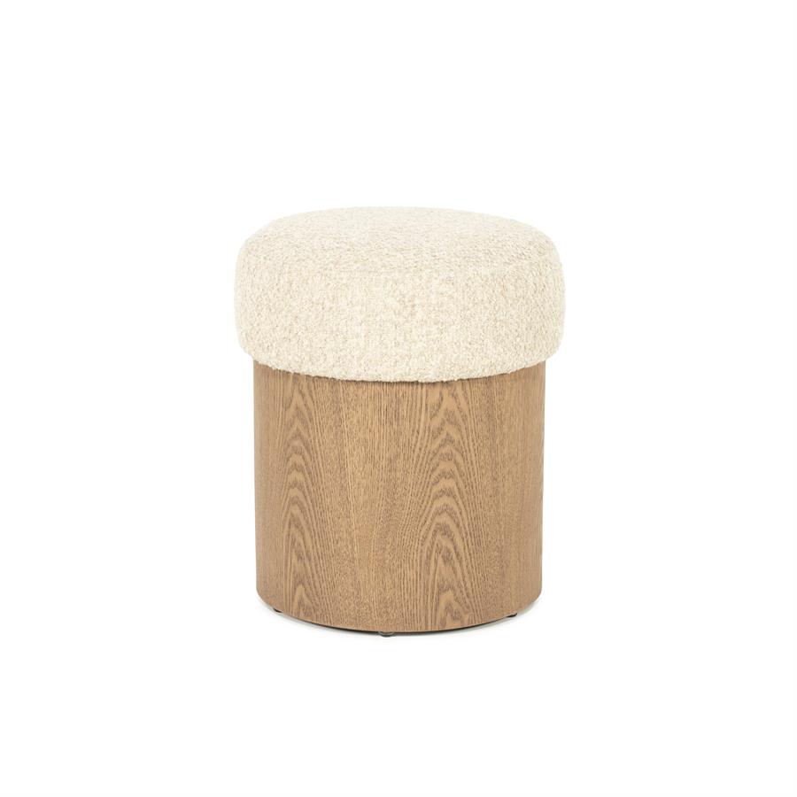 Pouf George Flou auf weißem Hintergrund, mit einem weichen cremefarbenen Oberteil und einem Holzuntergestell - Eleonora