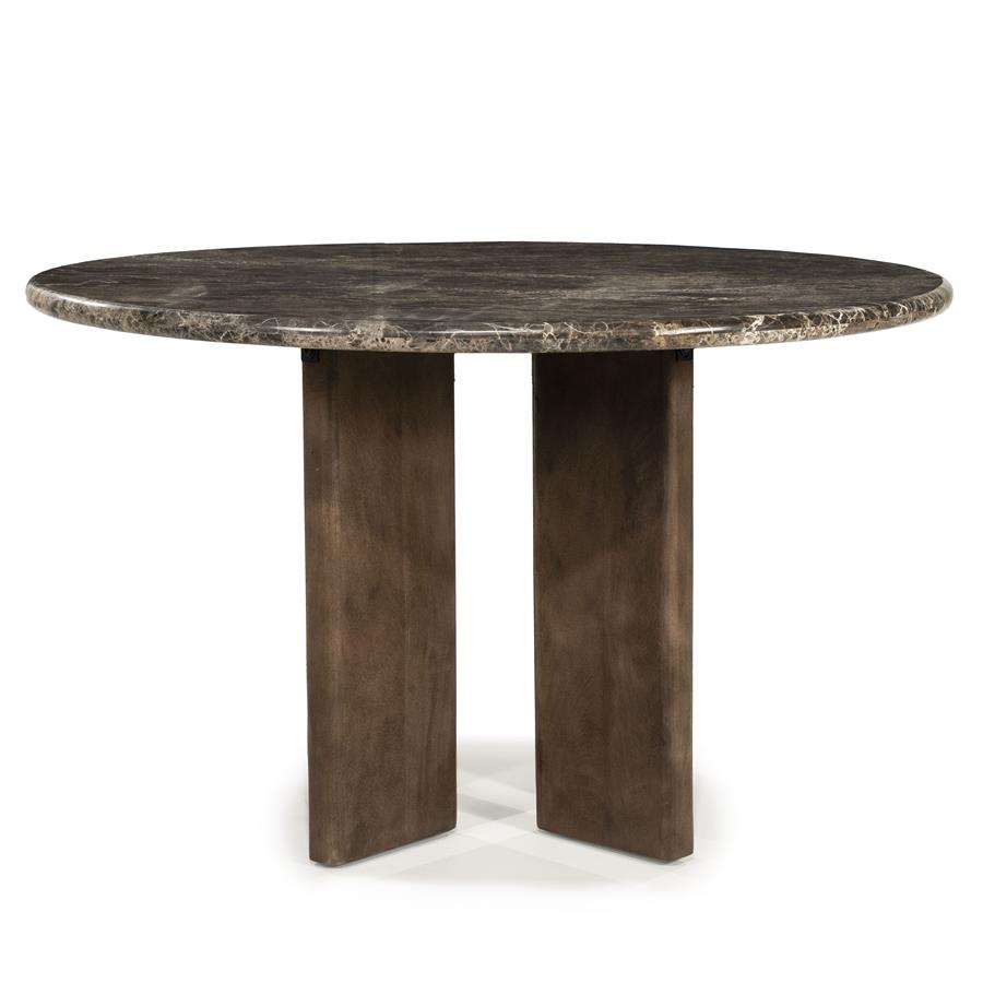 Esstisch Lando 127 cm Mangoholz, mit einer dunkelbraunen Platte und zwei robusten, rechteckigen Beinen auf weißem Hintergrund - Eleonora