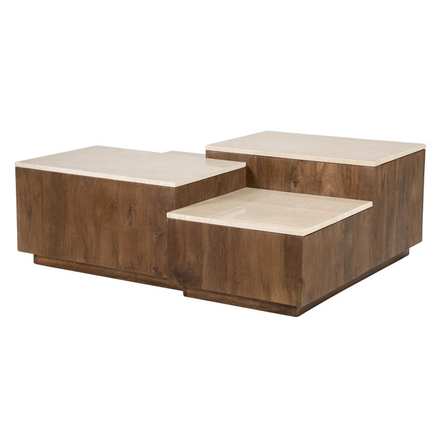 Couchtisch Quido Mangoholz mit drei versetzten Platten auf weißem Hintergrund - Eleonora