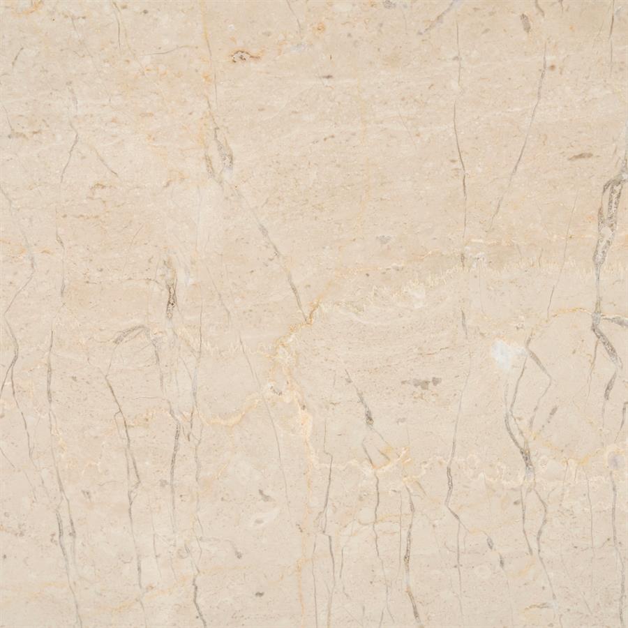 Detail einer beigen Marmorfliese mit feinen, dunklen Äderungen, die vertikal über die Oberfläche verlaufen - Eleonora