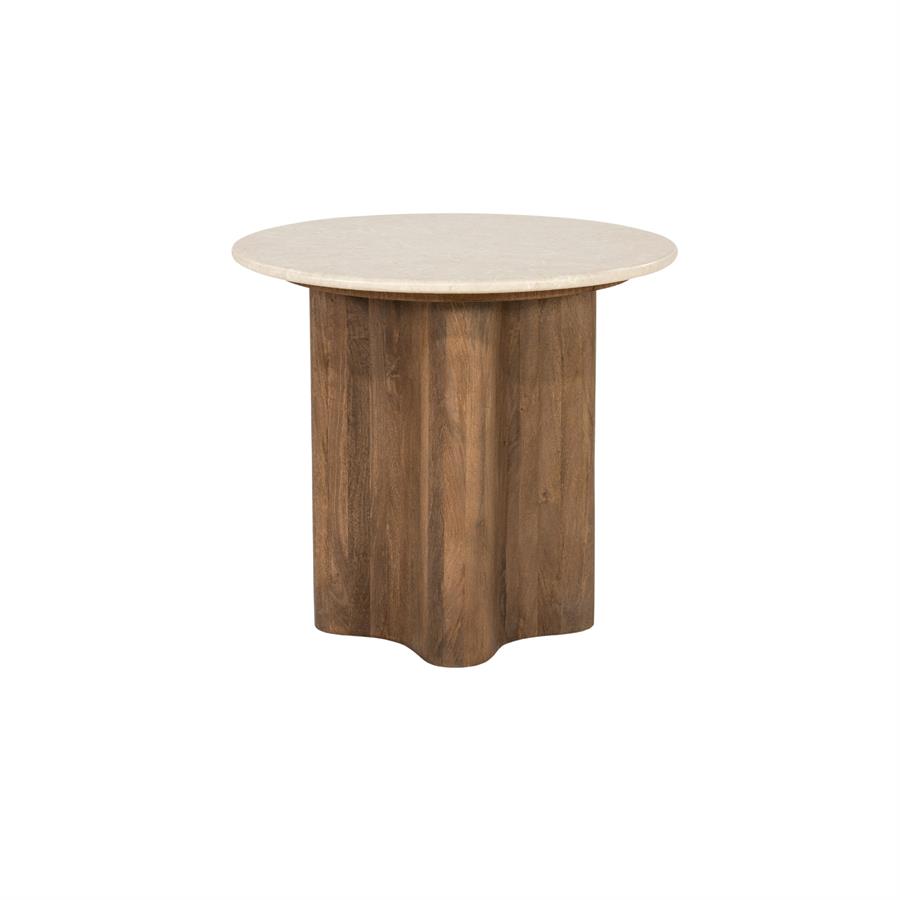 Beistelltisch Bodhi Mangoholz mit runder Platte auf gewelltem Holzsockel, fotografiert vor weißem Hintergrund - Eleonora