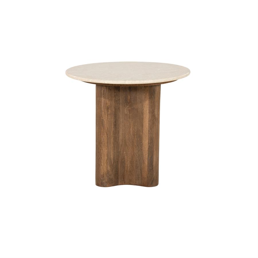 Beistelltisch Bodhi Mangoholz mit runder Platte auf einem stabilen, geriffelten Holzsockel vor weißem Hintergrund - Eleonora