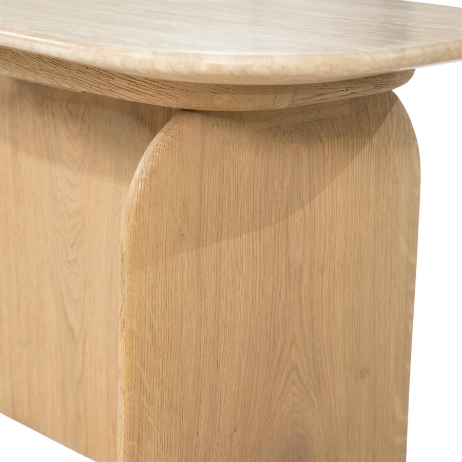 Detailaufnahme des Beistelltisch Lova Eiche, mit dem runden Holzbein und der Tischplatte - Eleonora