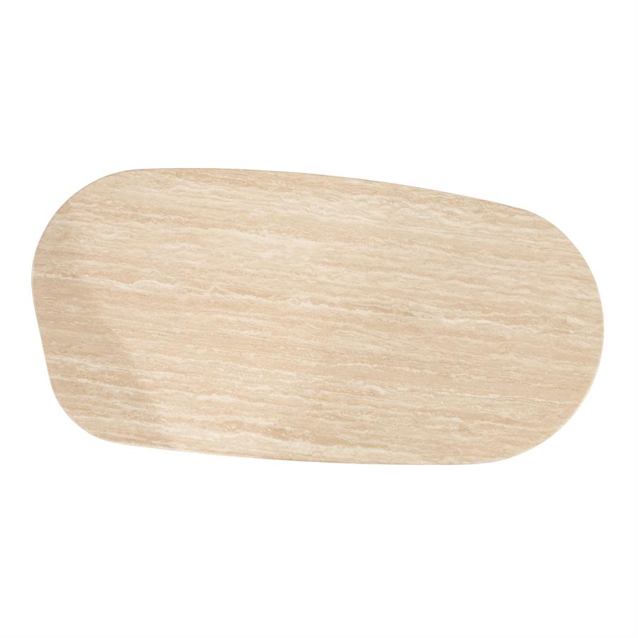 Couchtisch Lova Eiche, eine Draufsicht auf die ovale Tischplatte mit natürlicher Holzmaserung auf weißem Hintergrund - Eleonora