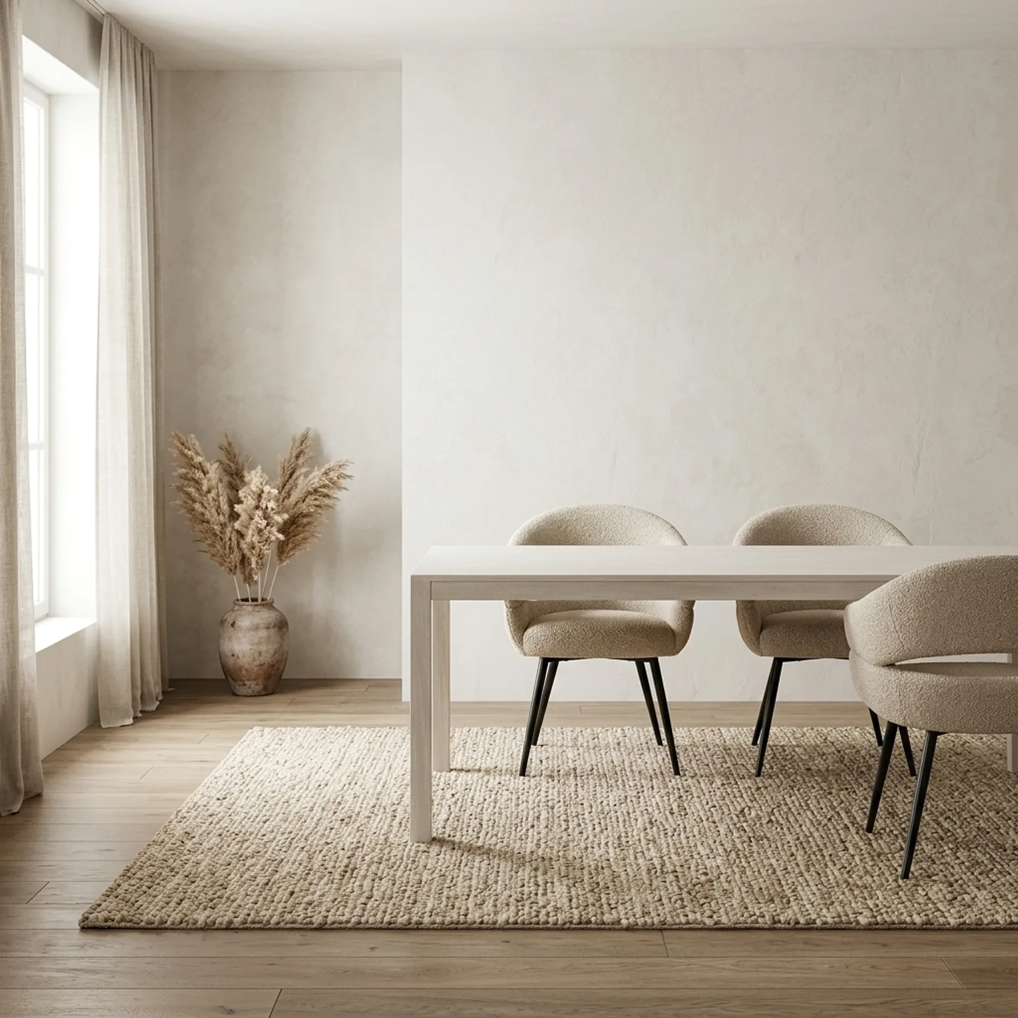 Amalfi Esstisch White Wash 200 cm in einem hellen Esszimmer mit Stühlen und Teppich - Tower Living