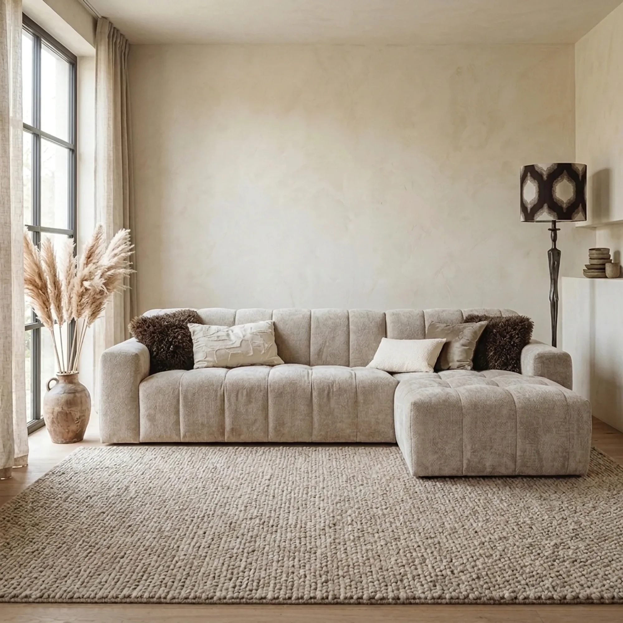 Austin 2 5-AL + Chaise R - Haga 30 beige Sofa in einem hellen Wohnzimmer mit Fenster und Teppich - Tower Living