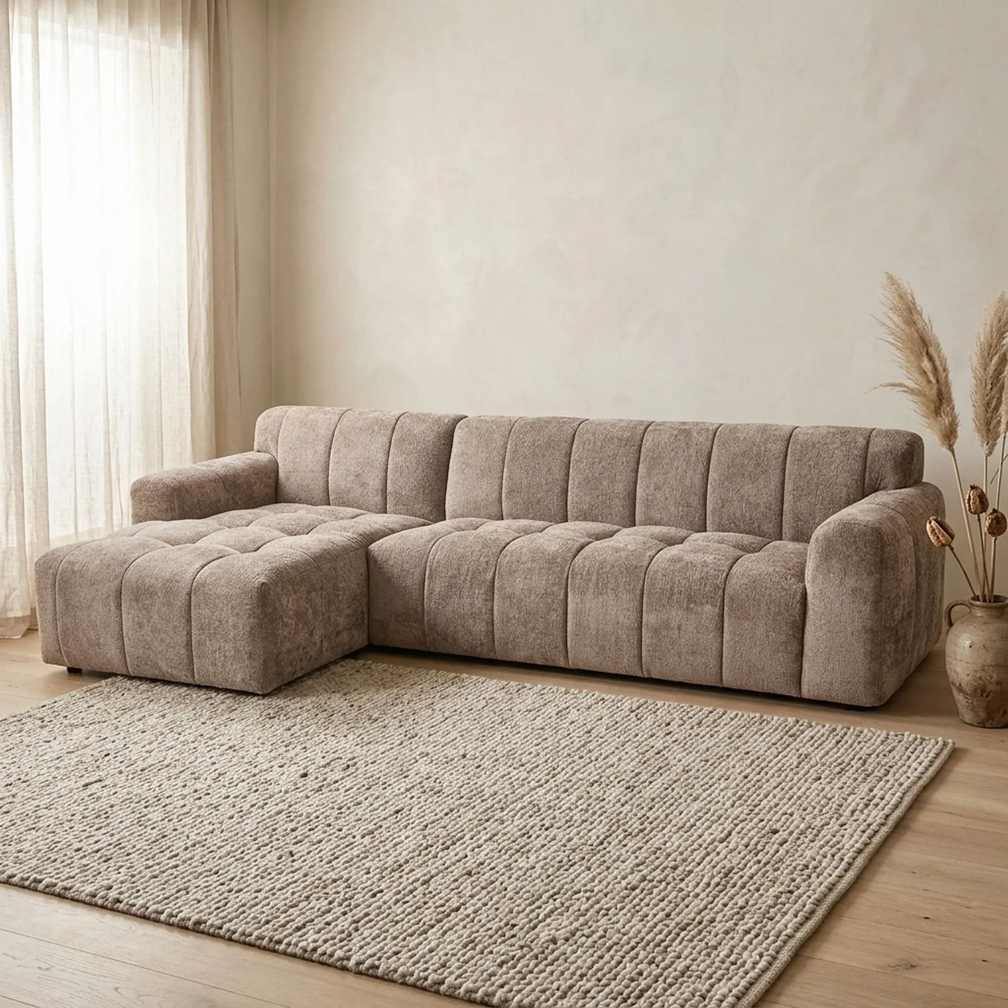 Austin 2 5-AR + Chaise L - Haga 39 cappuccino Sofa in einem hellen Wohnzimmer mit Teppich - Tower Living