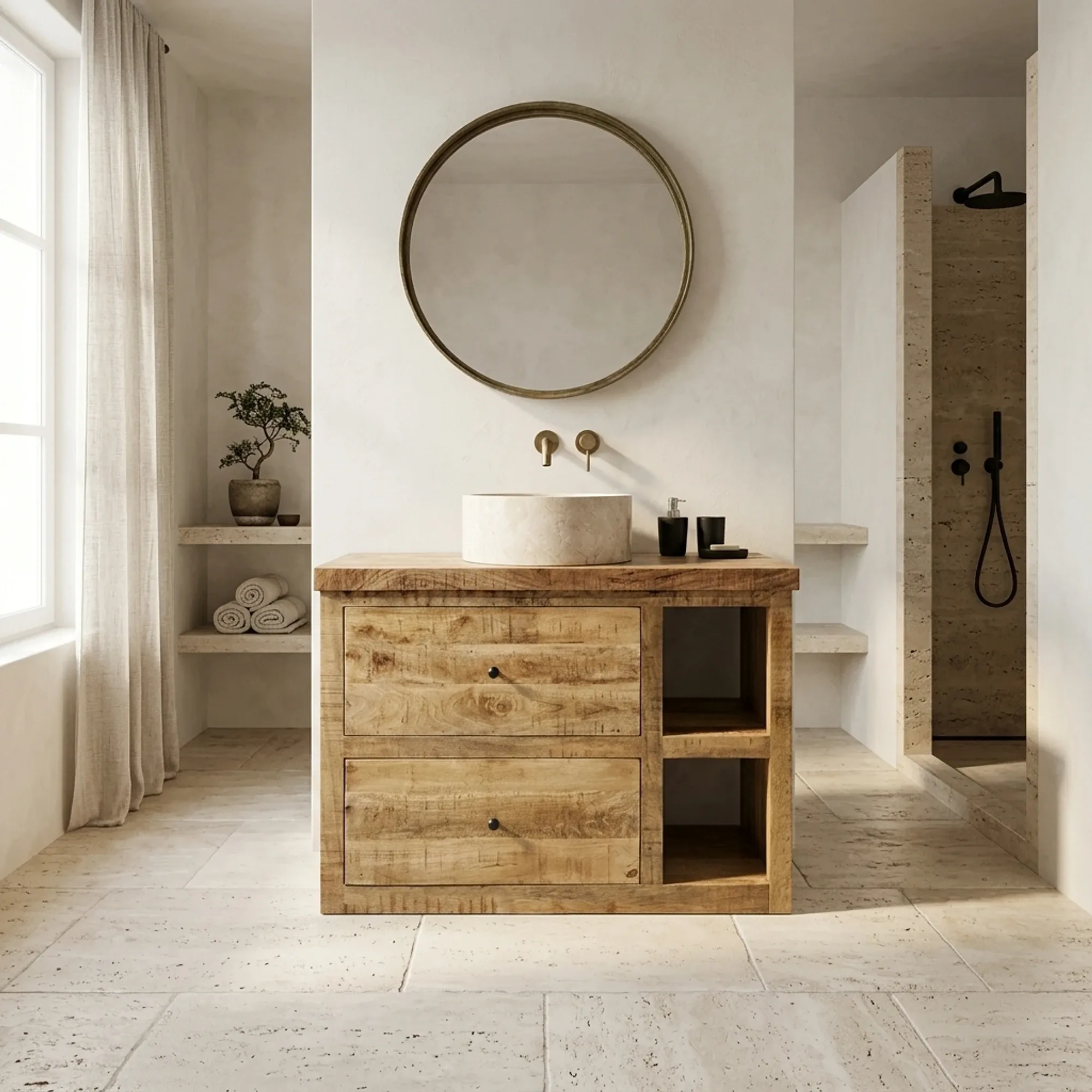 Benoa Badezimmermöbel mit Waschbecken und Spiegel in einem Badezimmer mit hellen Fliesen und Dusche