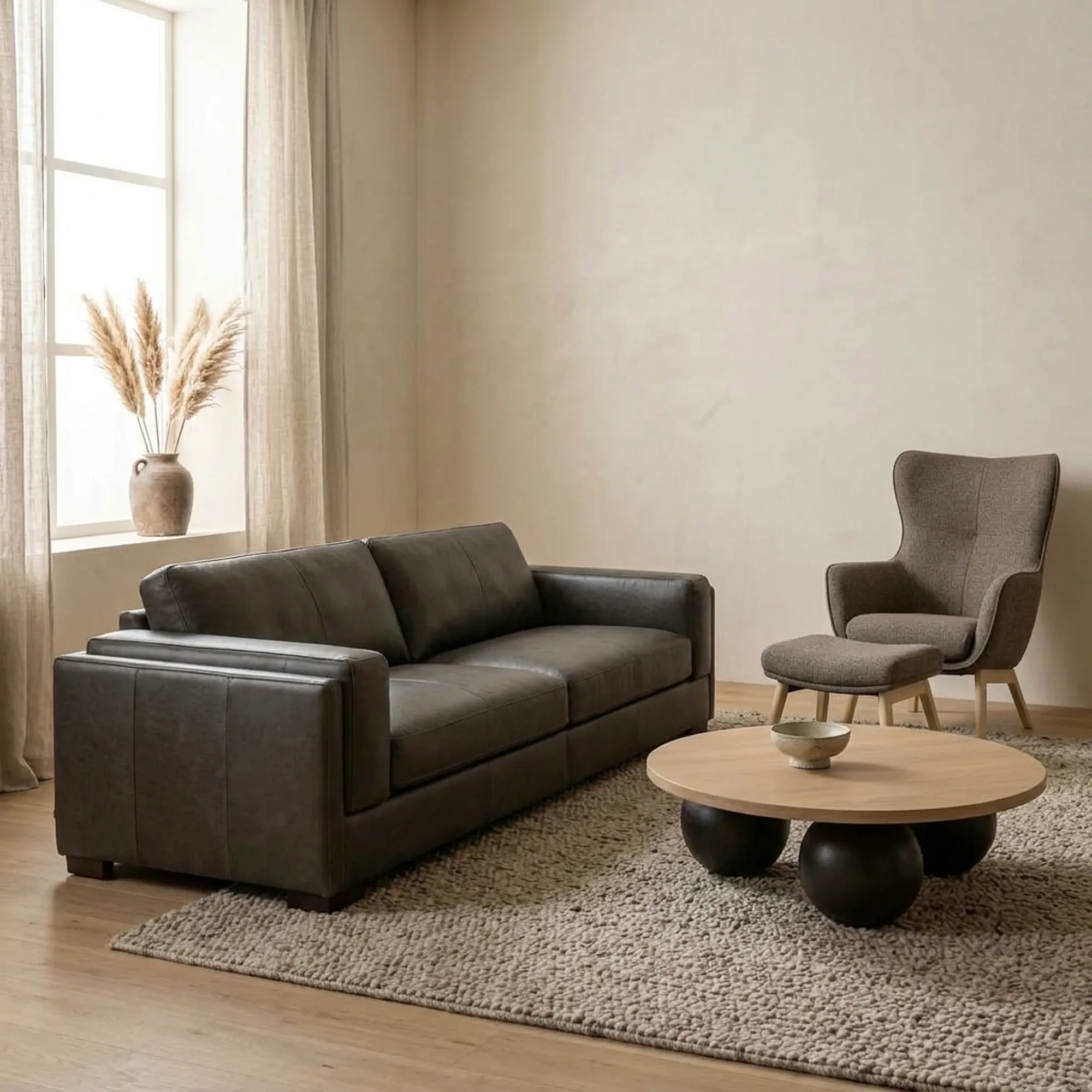 Bank Indiana in een sfeervolle woonkamer met een fauteuil, salontafel en vloerkleed - Het Anker