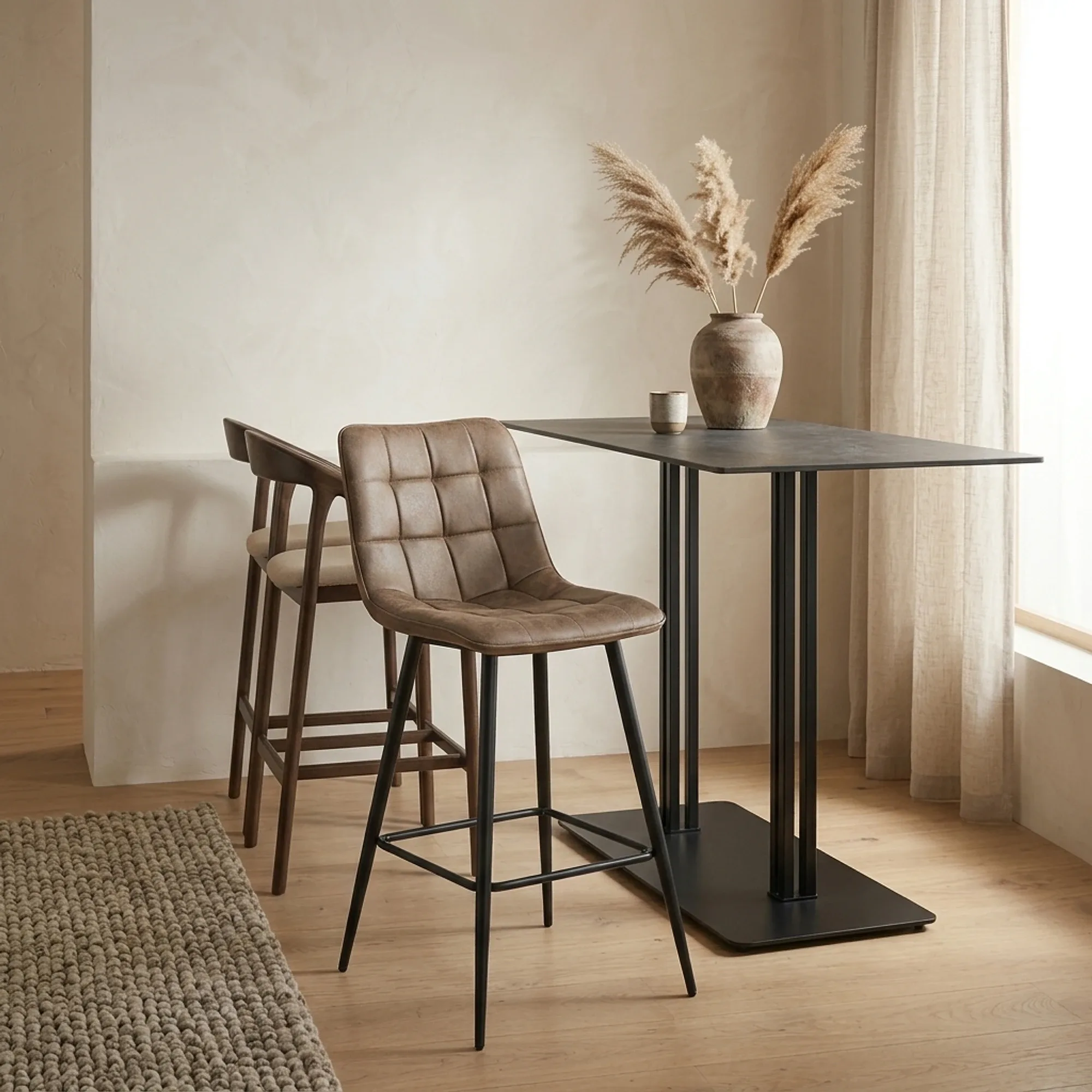 Barhocker Lucille CEP 08 Hellbraun in einer modernen Einrichtung mit einem Stehtisch und einer Vase mit Pampasgras - Benoa