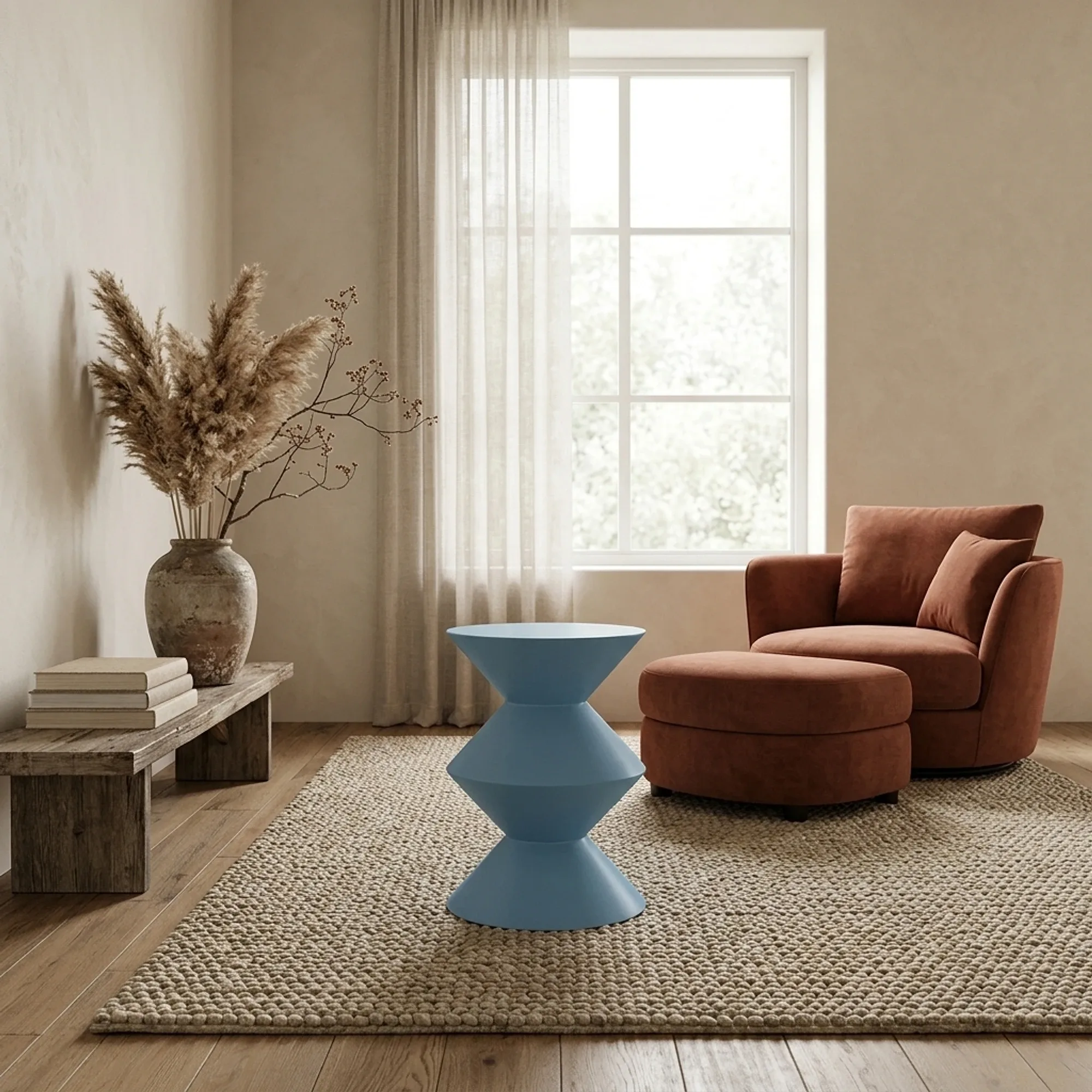 Beistelltisch Abel Blau Mangoholz 33 cm in einem stimmungsvollen Wohnzimmer mit braunem Sessel und Teppich - Starfurn