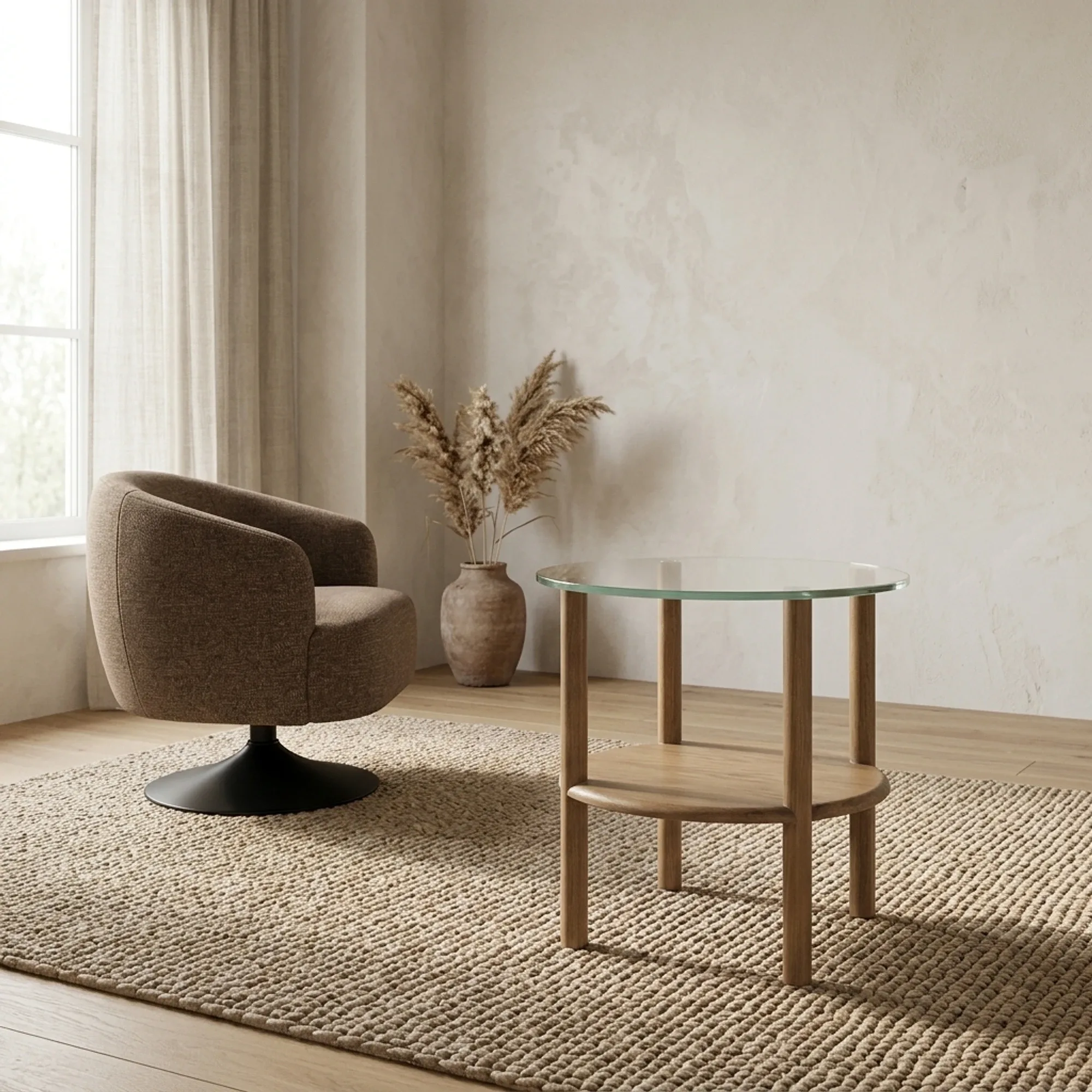 Beistelltisch Cleo Eiche in einem hellen Wohnzimmer mit braunem Sessel und Teppich - Eleonora