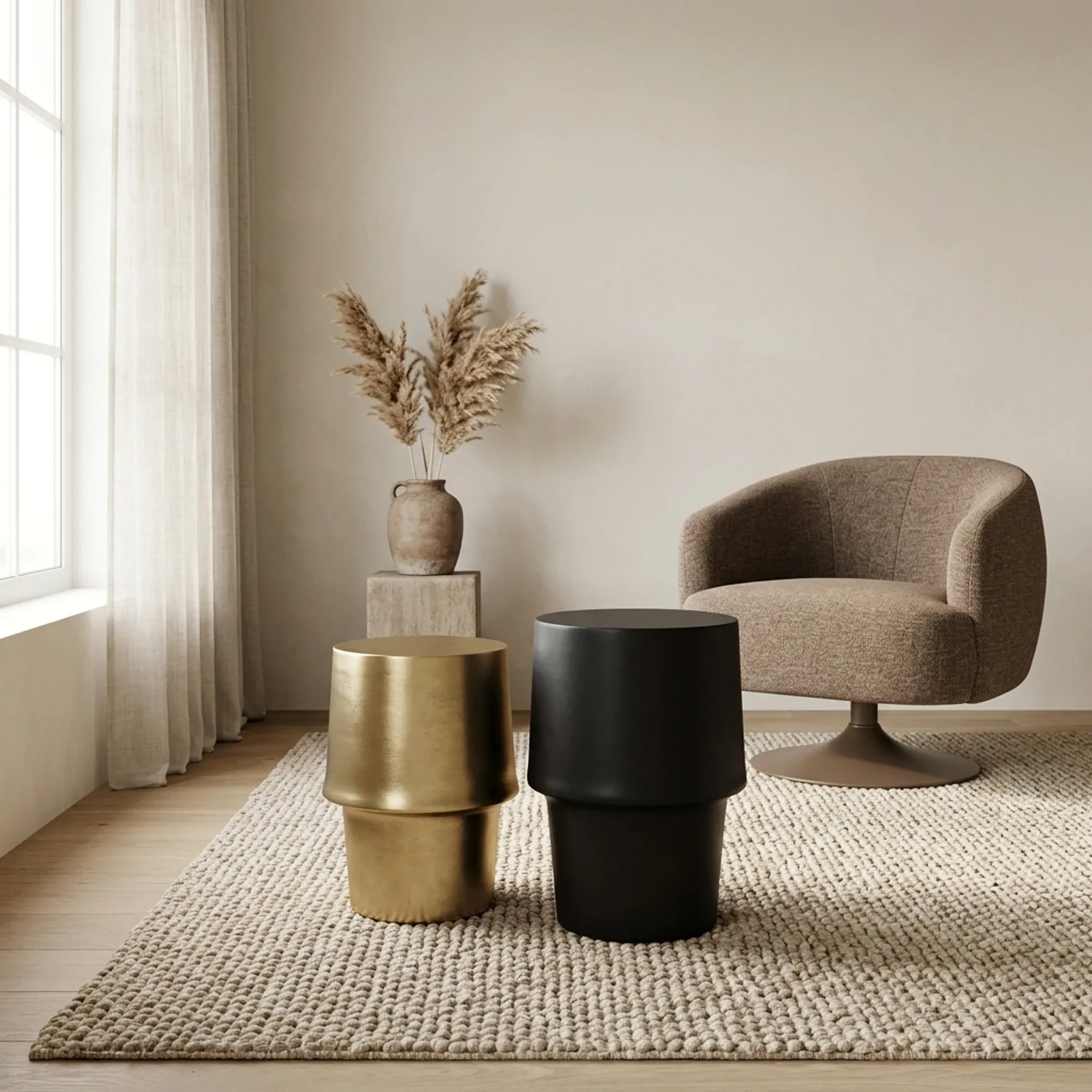 Beistelltisch Glamor Gold Aluminium 30 cm in einem stimmungsvollen Wohnzimmer mit Sessel und Teppich - Starfurn