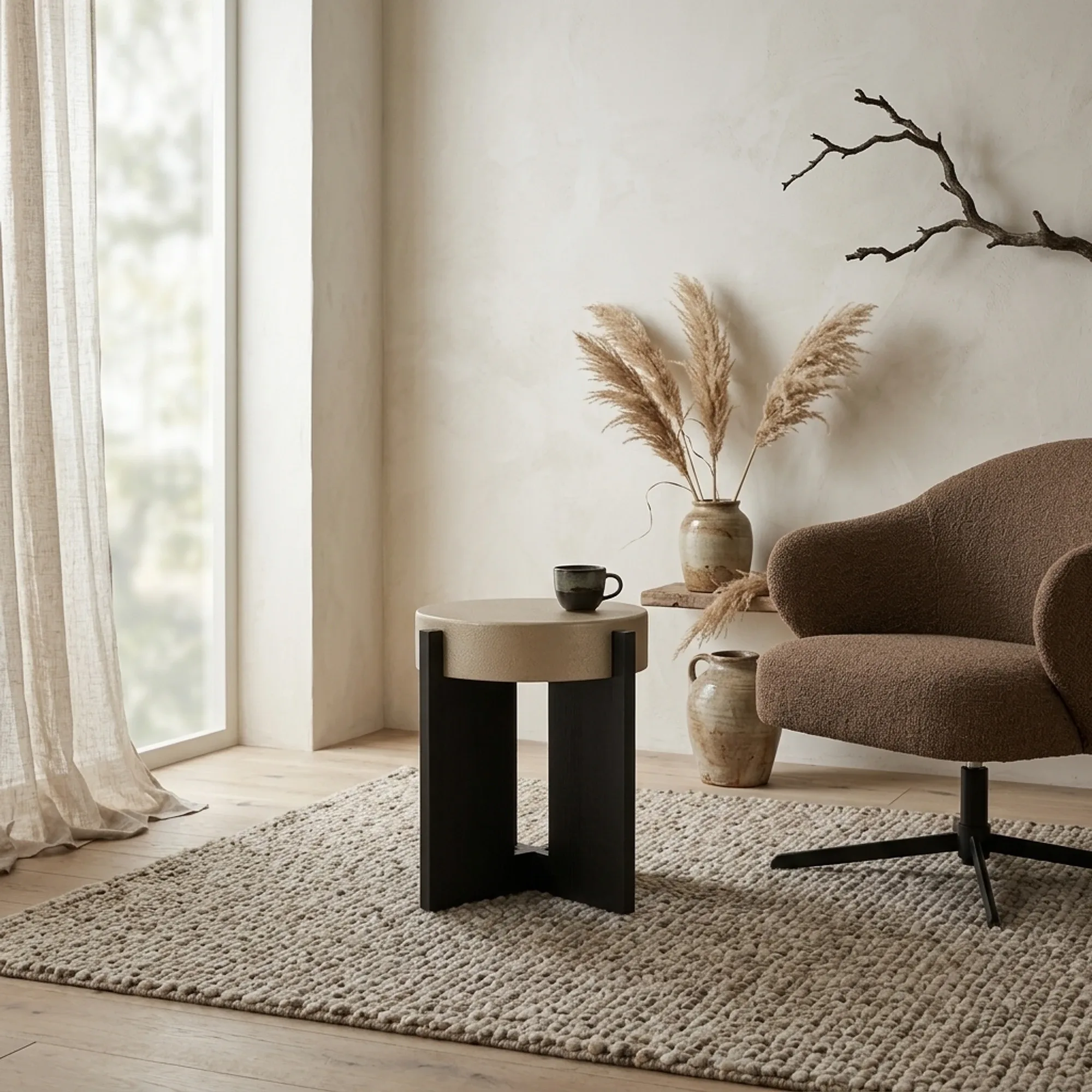 Beistelltisch Juliet MDF in einem hellen Wohnzimmer mit braunem Sessel und cremefarbenem Teppich - Eleonora