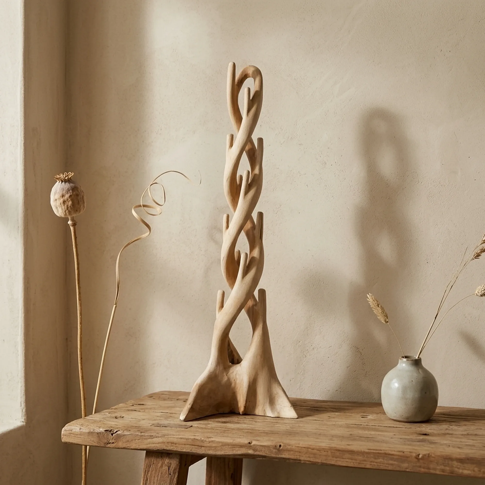 Baumskulptur Suar Doppel auf einem Holztisch mit Trockenblumen und einer Vase in einem hellen Raum - Benoa