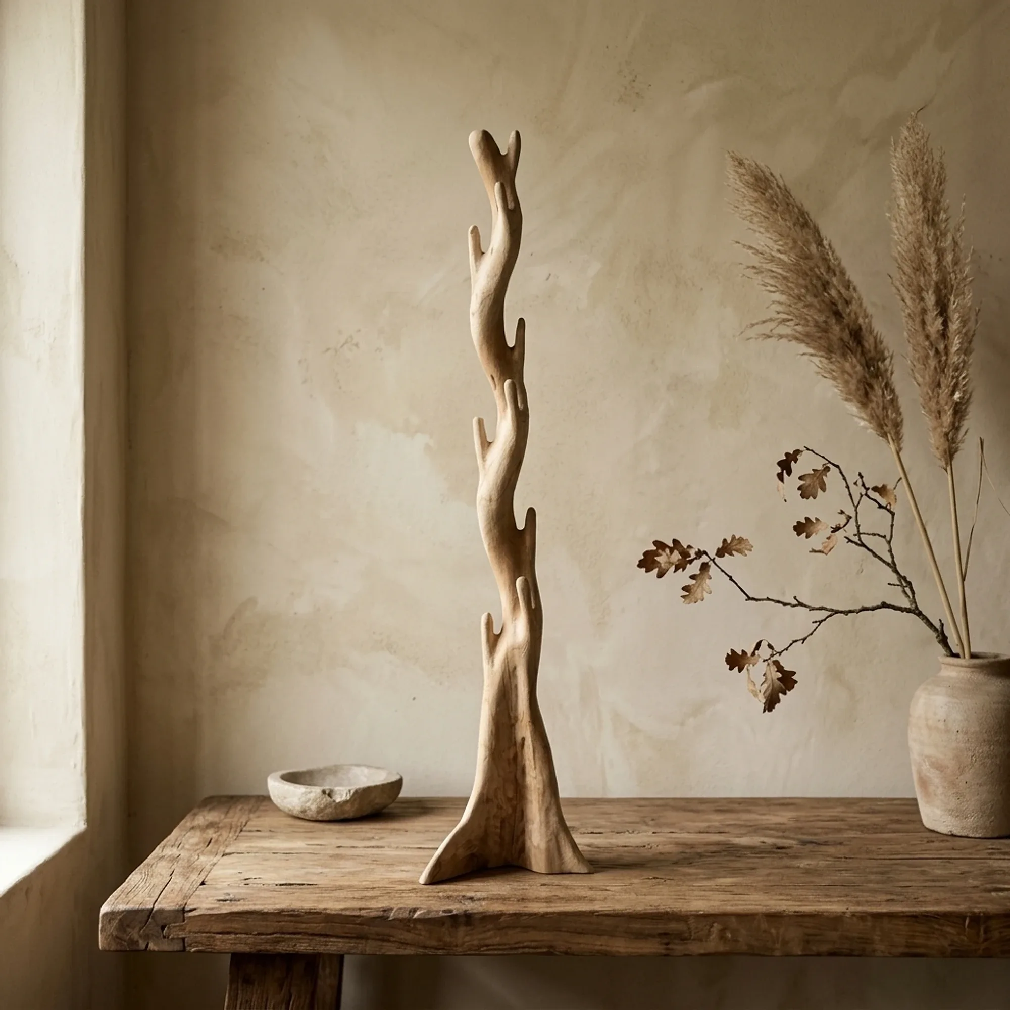 Baumskulptur Suar Single auf einem Holztisch, daneben eine Vase mit Pampasgras und Ästen - Benoa