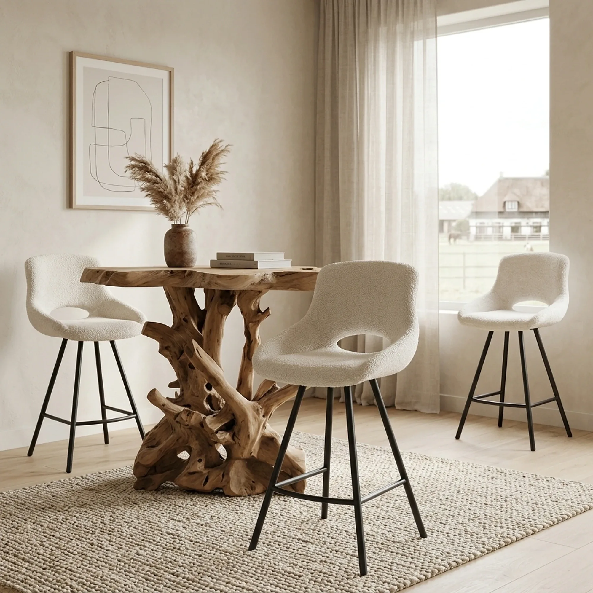 Drie Campo Barstoelen in een lichte eetkamer met een robuuste houten bartafel en een abstract schilderij aan de muur - Tower Living