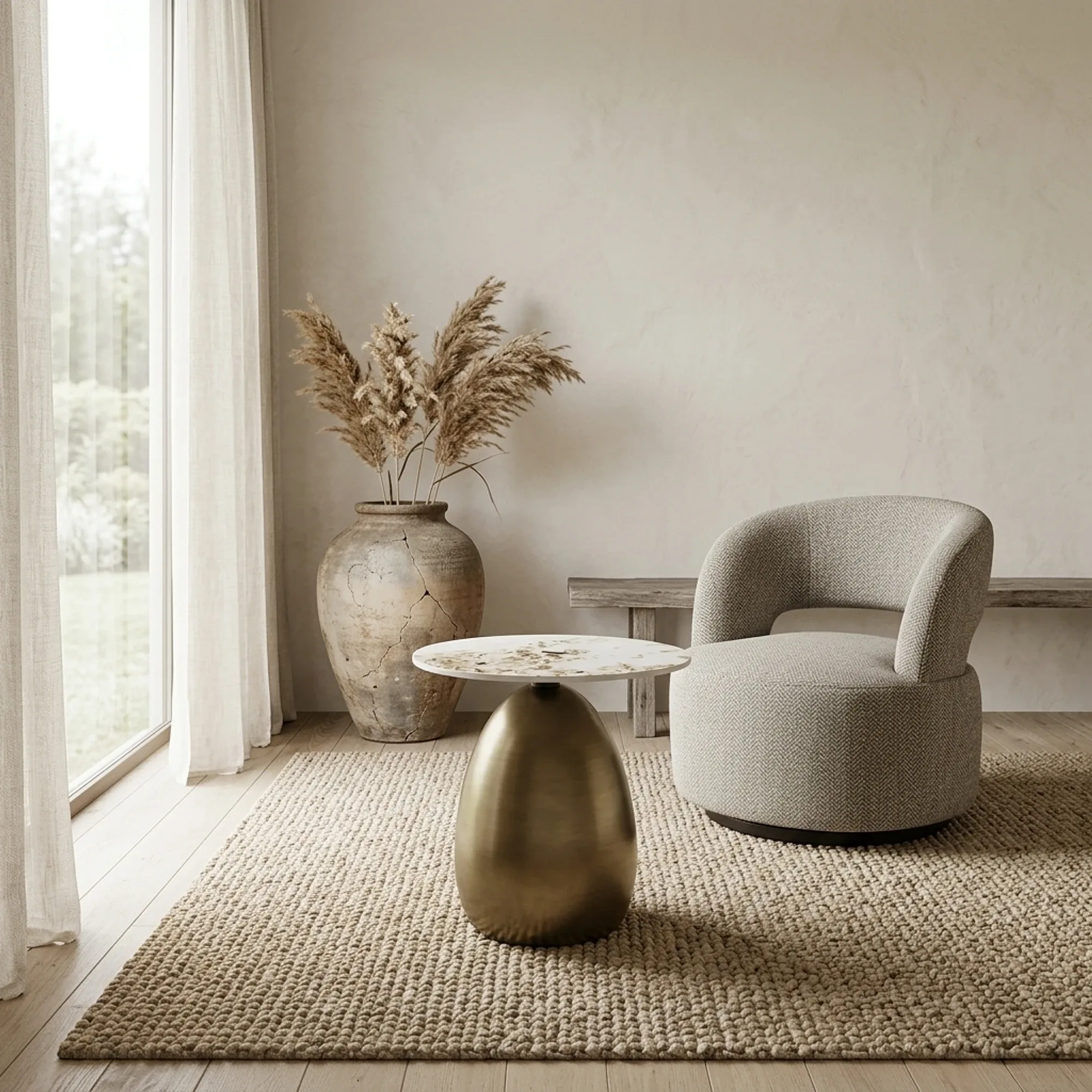 De Castello bijzettafel staat in een lichte woonkamer met een fauteuil, vloerkleed en een grote vaas - Tower Living