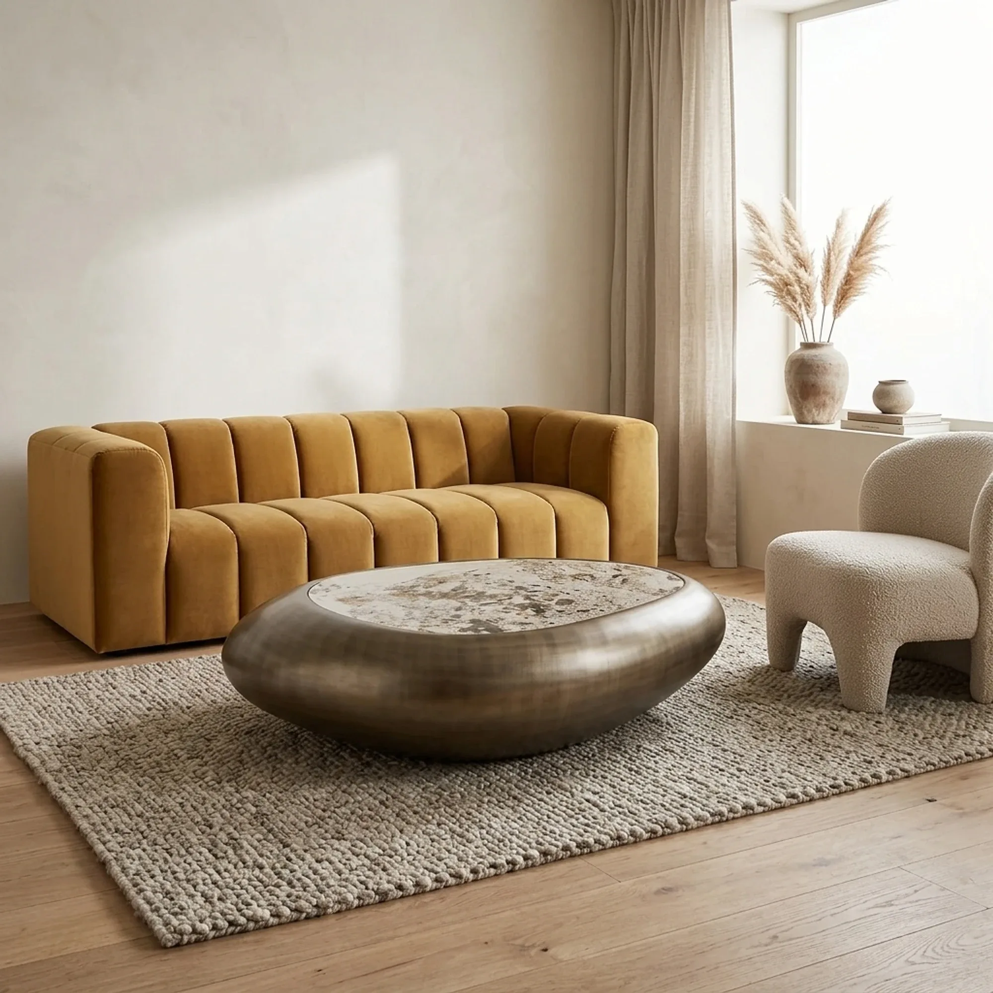 Der Castello Couchtisch 116 cm in einem stimmungsvollen Wohnzimmer mit Sofa, Sessel und Teppich - Tower Living