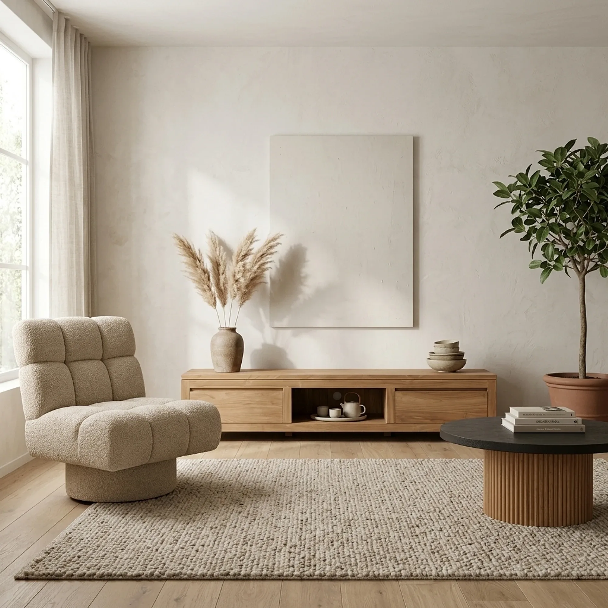Das Corona TV-Möbel 180 cm in einem hellen Wohnzimmer mit einem beigefarbenen Sessel und einem runden Teppich - Tower Living