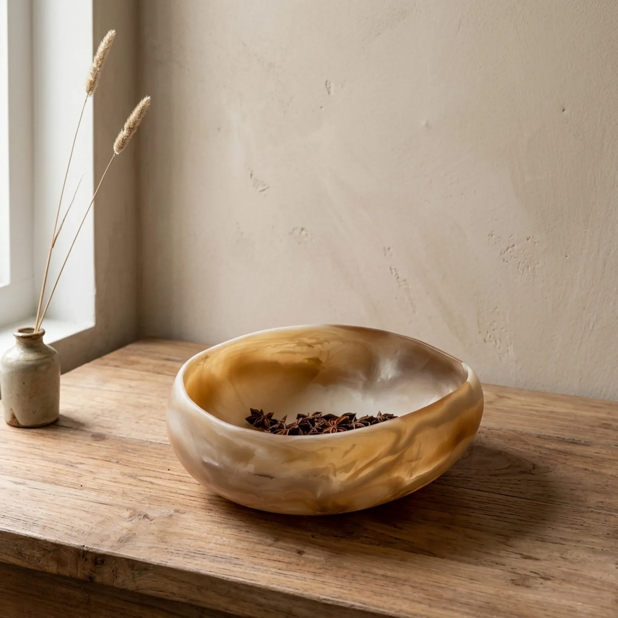 Serviertablett Bowl Rafael klein gefüllt mit Sternanis, auf einem Holztisch neben einer kleinen Vase stehend - MUST Living