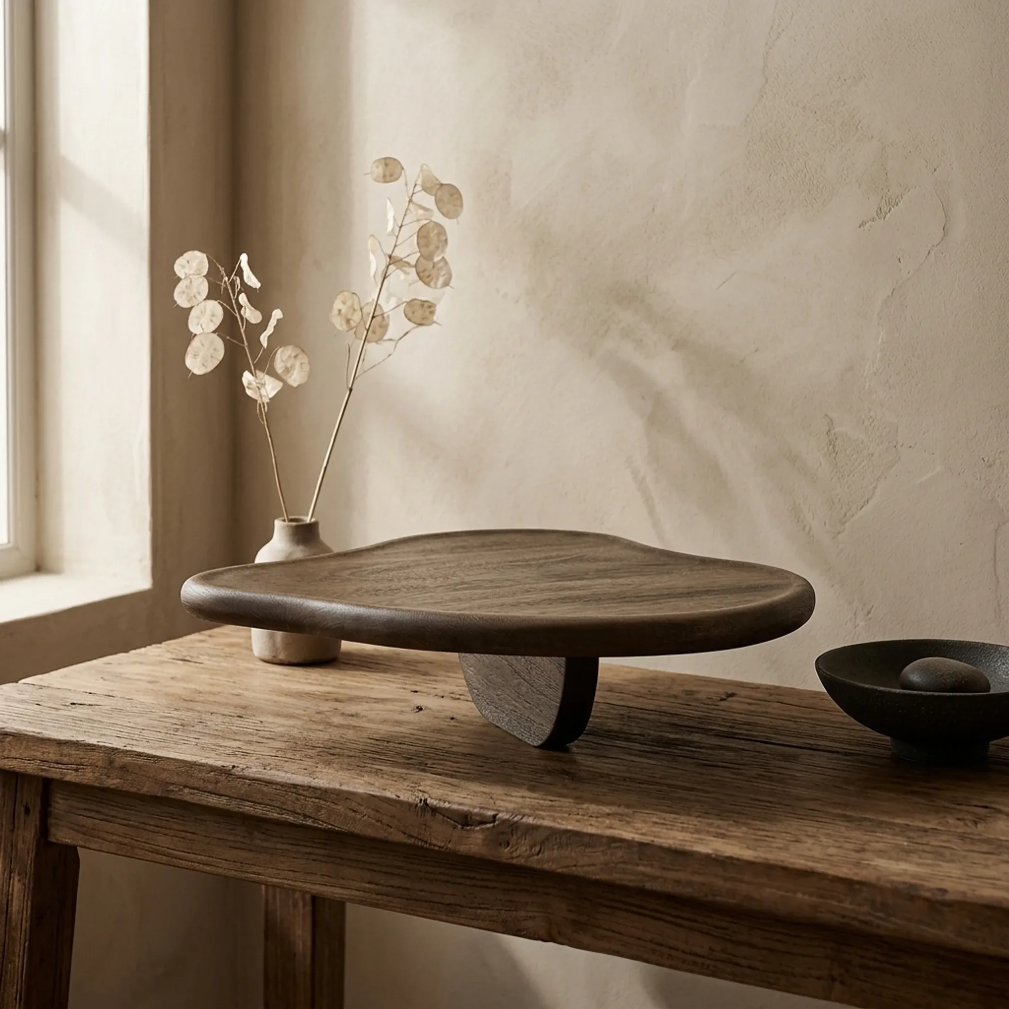Tablett Sofa Tray Mango auf einem Holztisch, mit einer Vase und Trockenblumen im Hintergrund - By-Boo