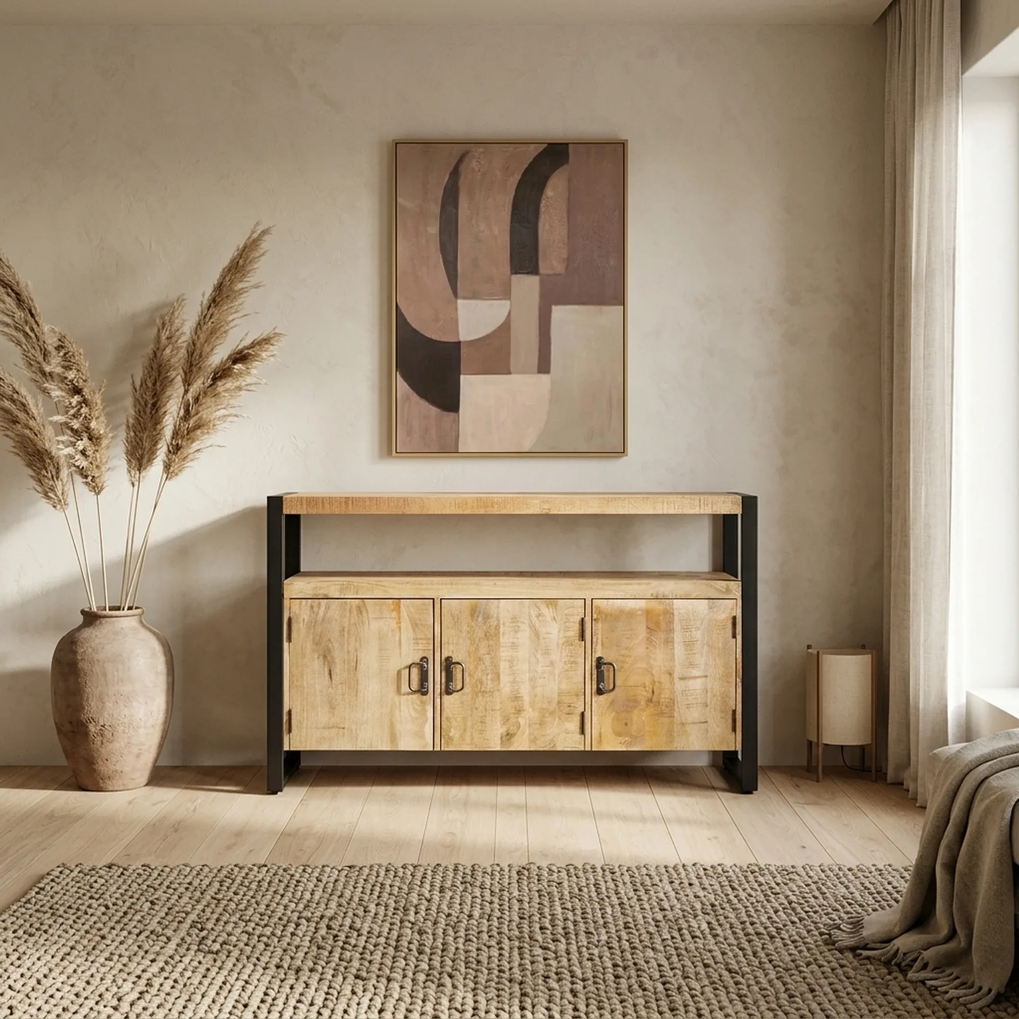 Sideboard Britt mit Türen 135 in einem hellen Wohnzimmer mit abstraktem Gemälde und Pampasgras - Benoa