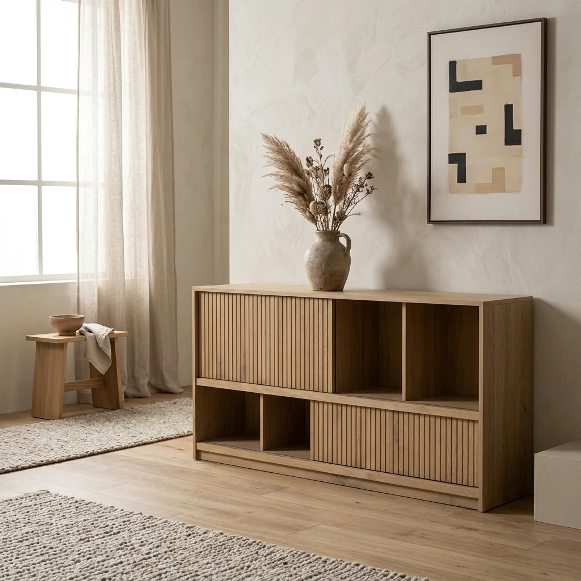 Sideboard Milo natur Eiche in einem hellen Wohnzimmer mit abstrakter Kunst an der Wand - Eleonora