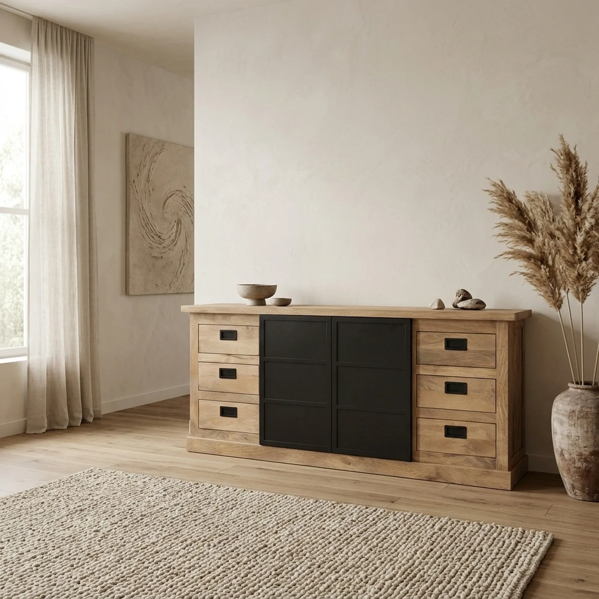 Sideboard Noa Natur Mangoholz 200 cm in einem hellen Wohnzimmer mit Teppich und Dekoration - Starfurn