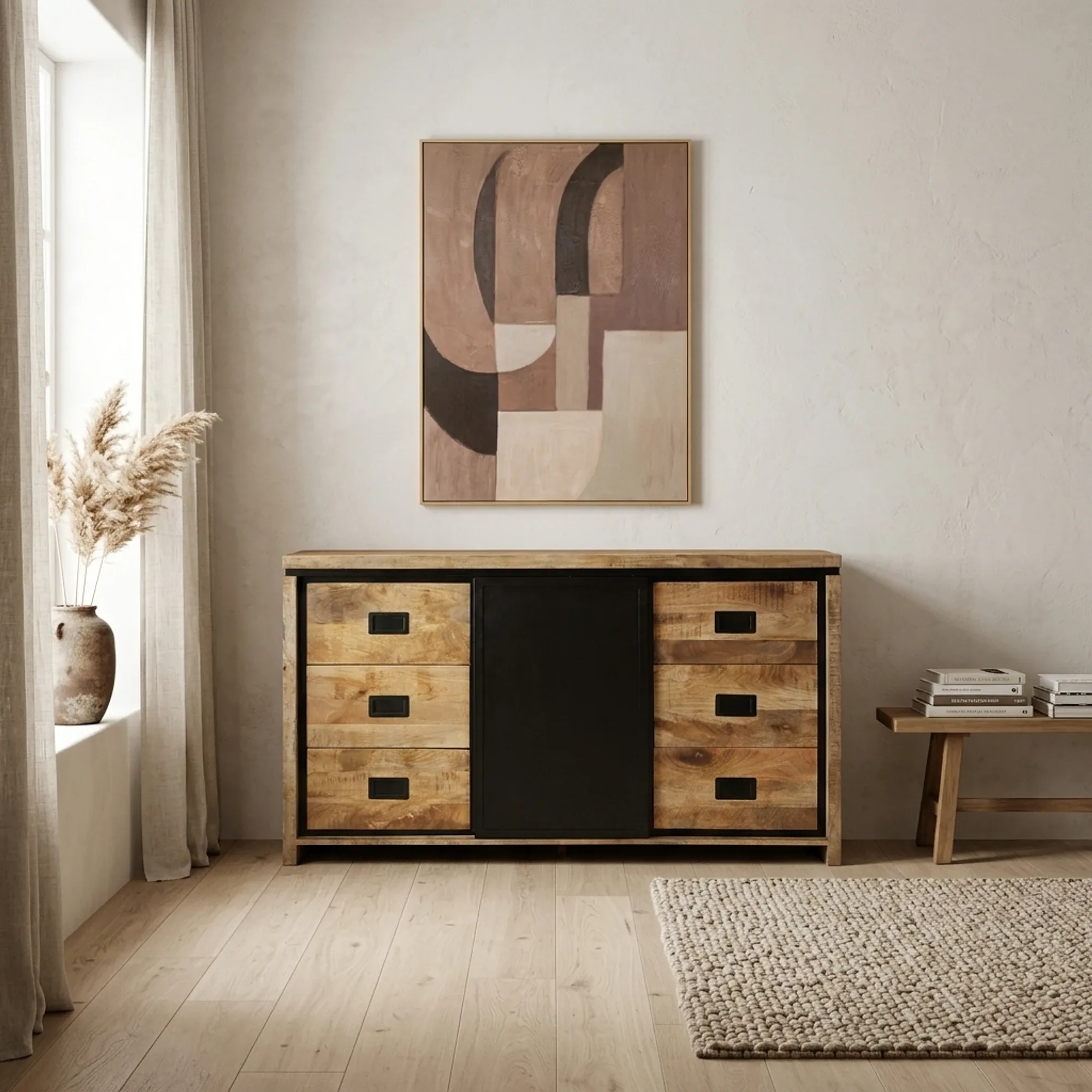 Sideboard Novelle in einem hellen Wohnzimmer mit einem abstrakten Gemälde und Pampasgras - Benoa