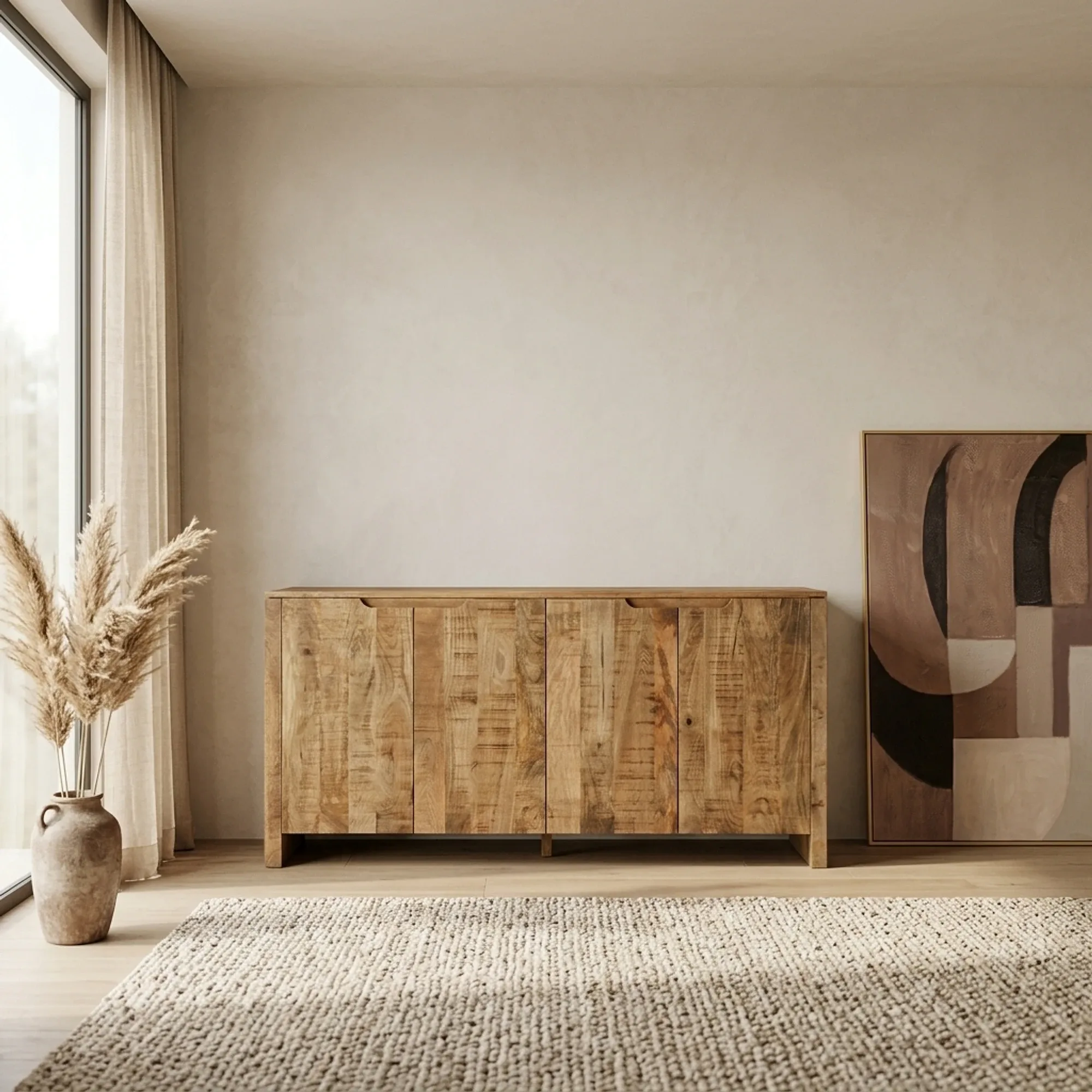 Sideboard Sophie mit Türen 160 in einem hellen Wohnzimmer mit einer Vase Pampasgras und einem Teppich - Benoa