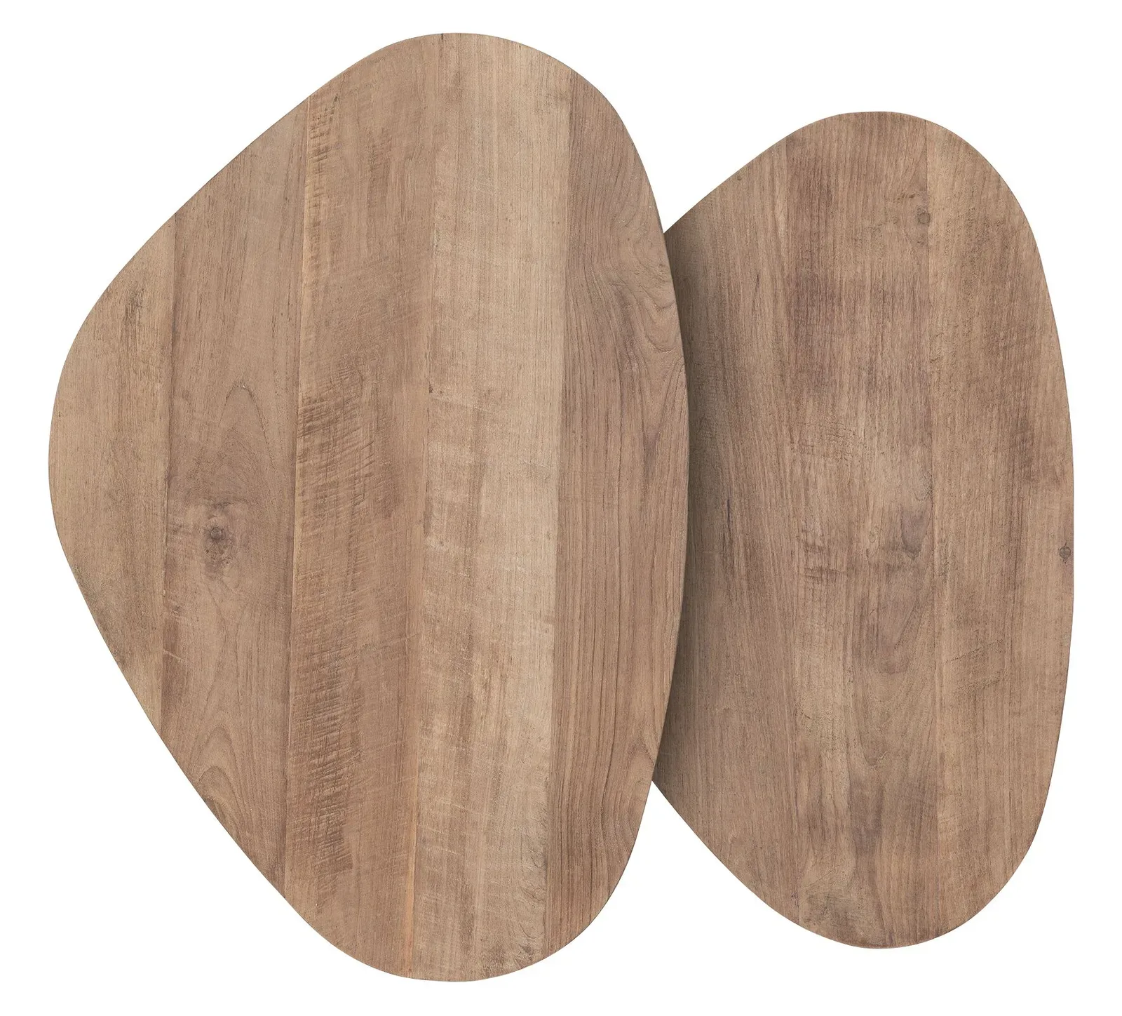 Zwei organisch geformte Holzplatten des Couchtischs Bliss, auf weißem Hintergrund - DTP Home